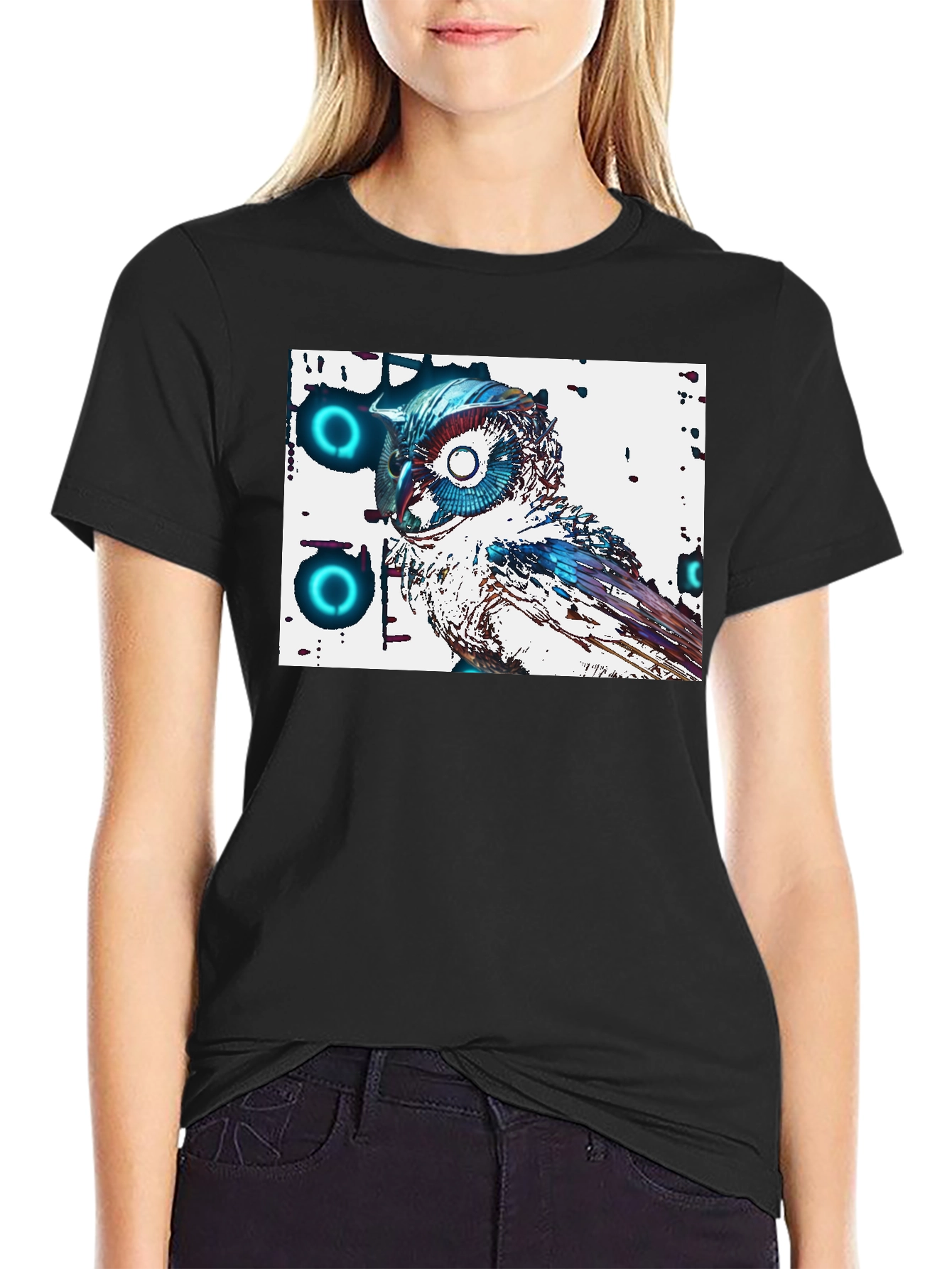 Abstract Owl Graphic Tee - Cool Black T-Shirt