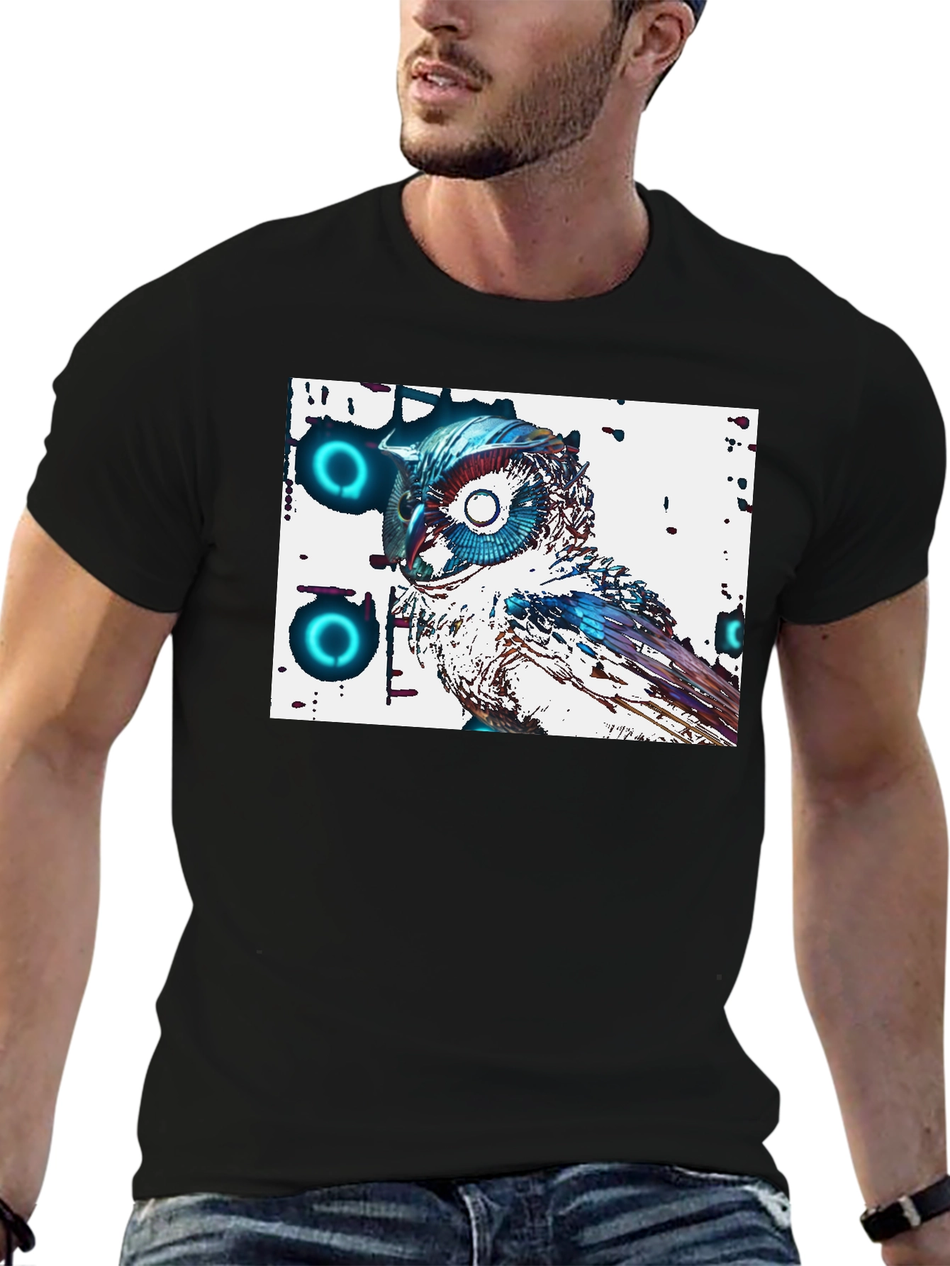 Abstract Owl Graphic Tee - Cool Black T-Shirt
