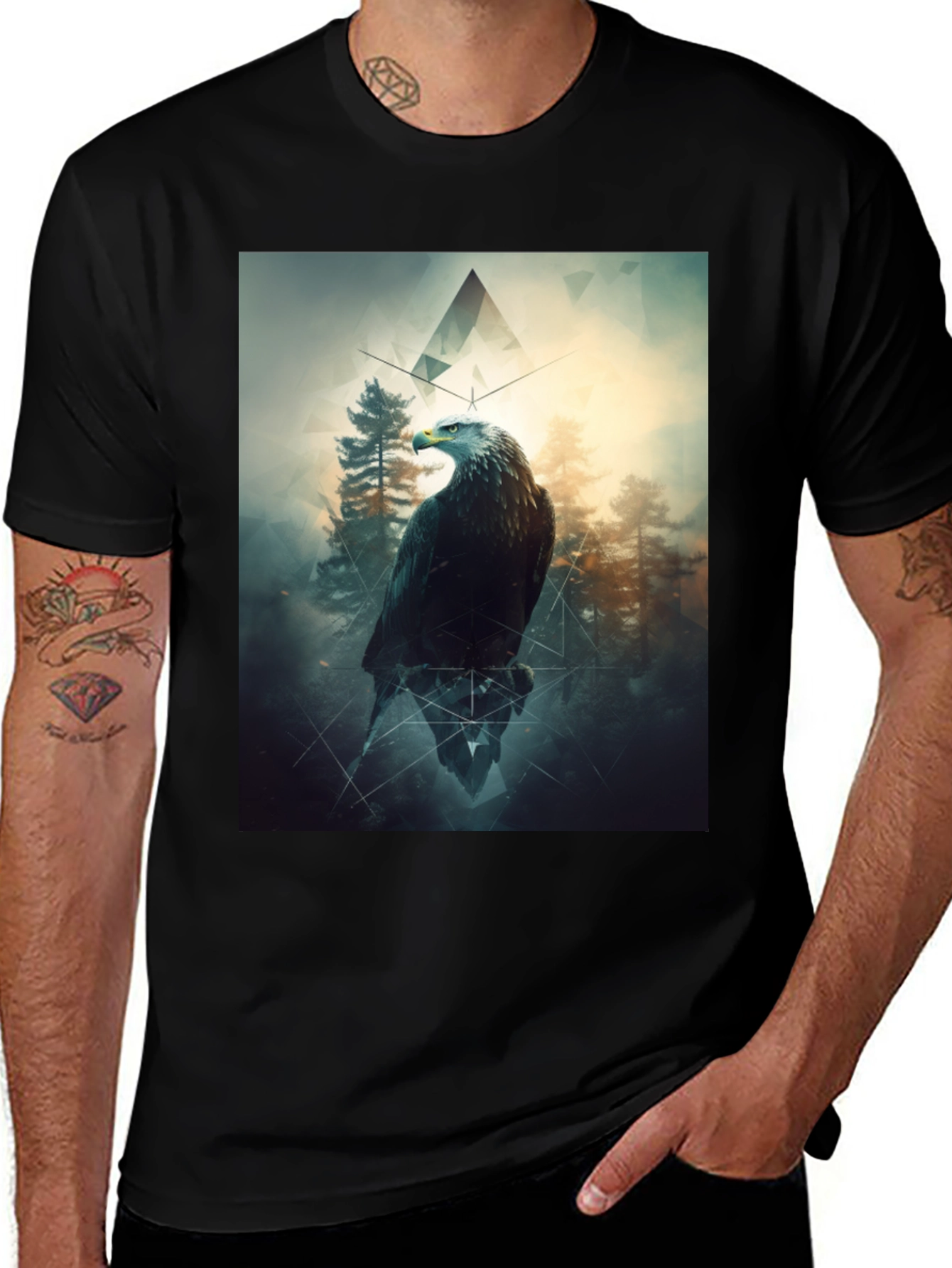 Eagle Forest Graphic Print Black T-Shirt