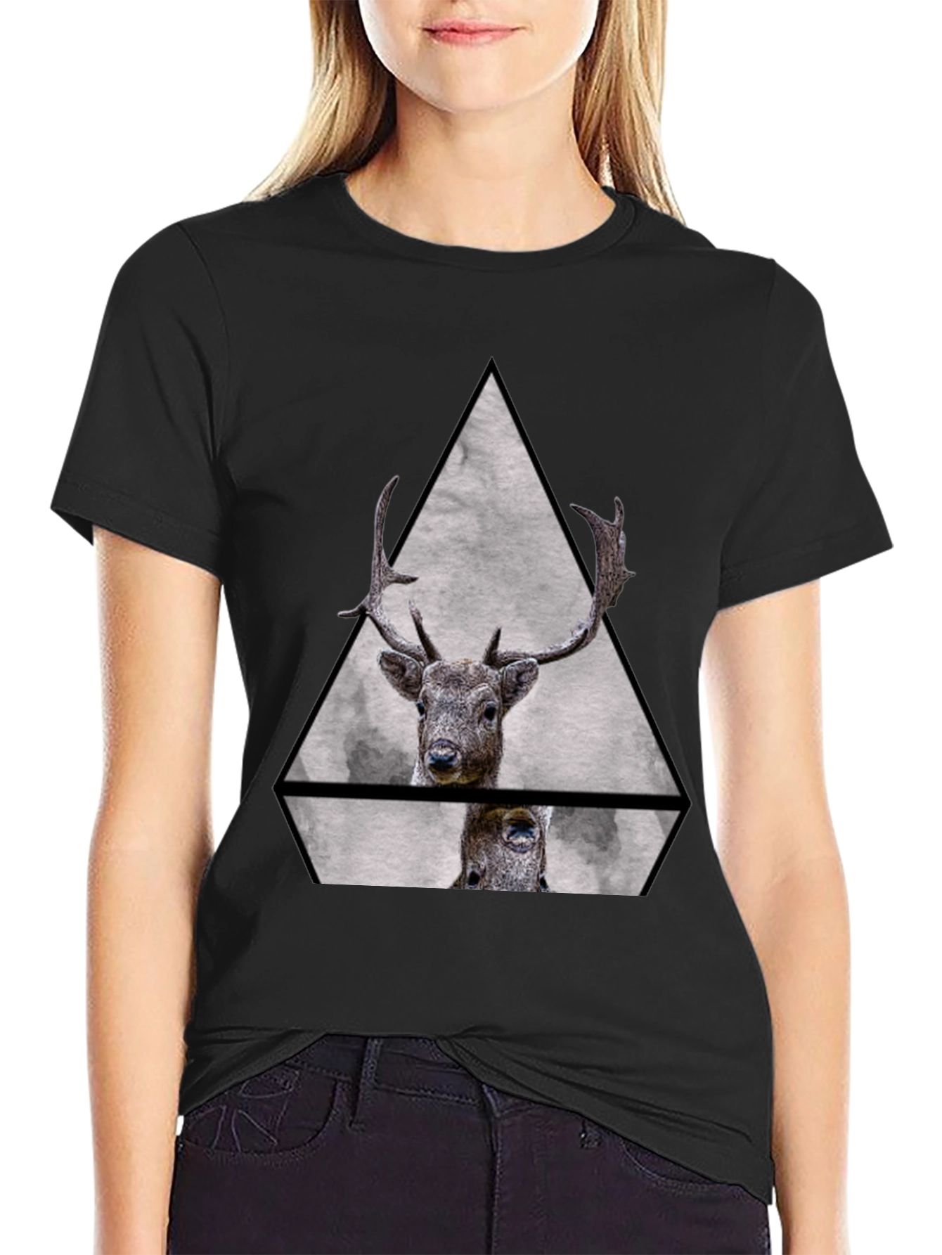 Geometric Deer Graphic Tee - Black Unisex T-Shirt