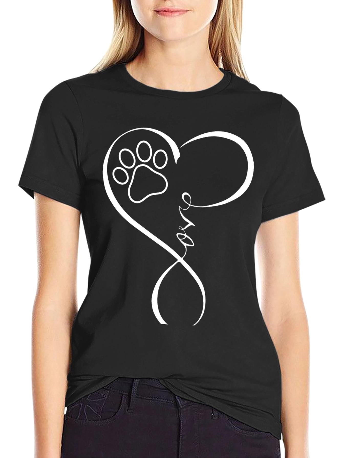 Love Paw Print Heart T-Shirt - Black