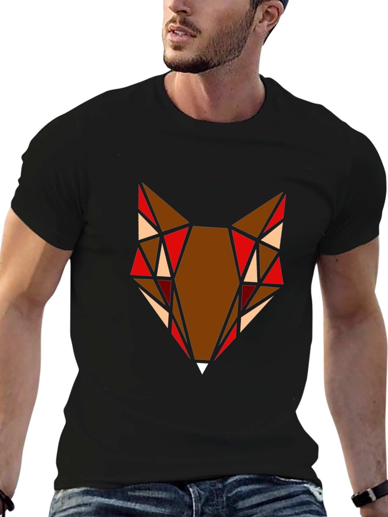 Geometric Fox Head Graphic T-Shirt - Black