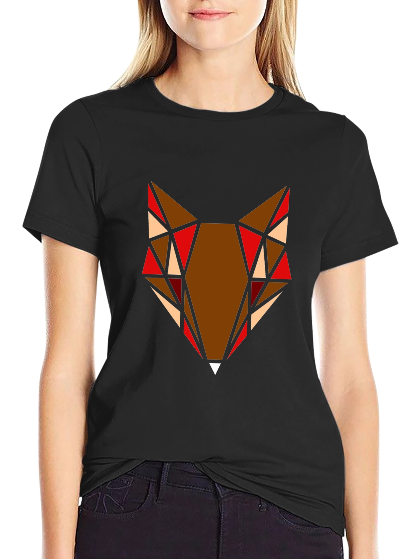Geometric Fox Head Graphic T-Shirt - Black