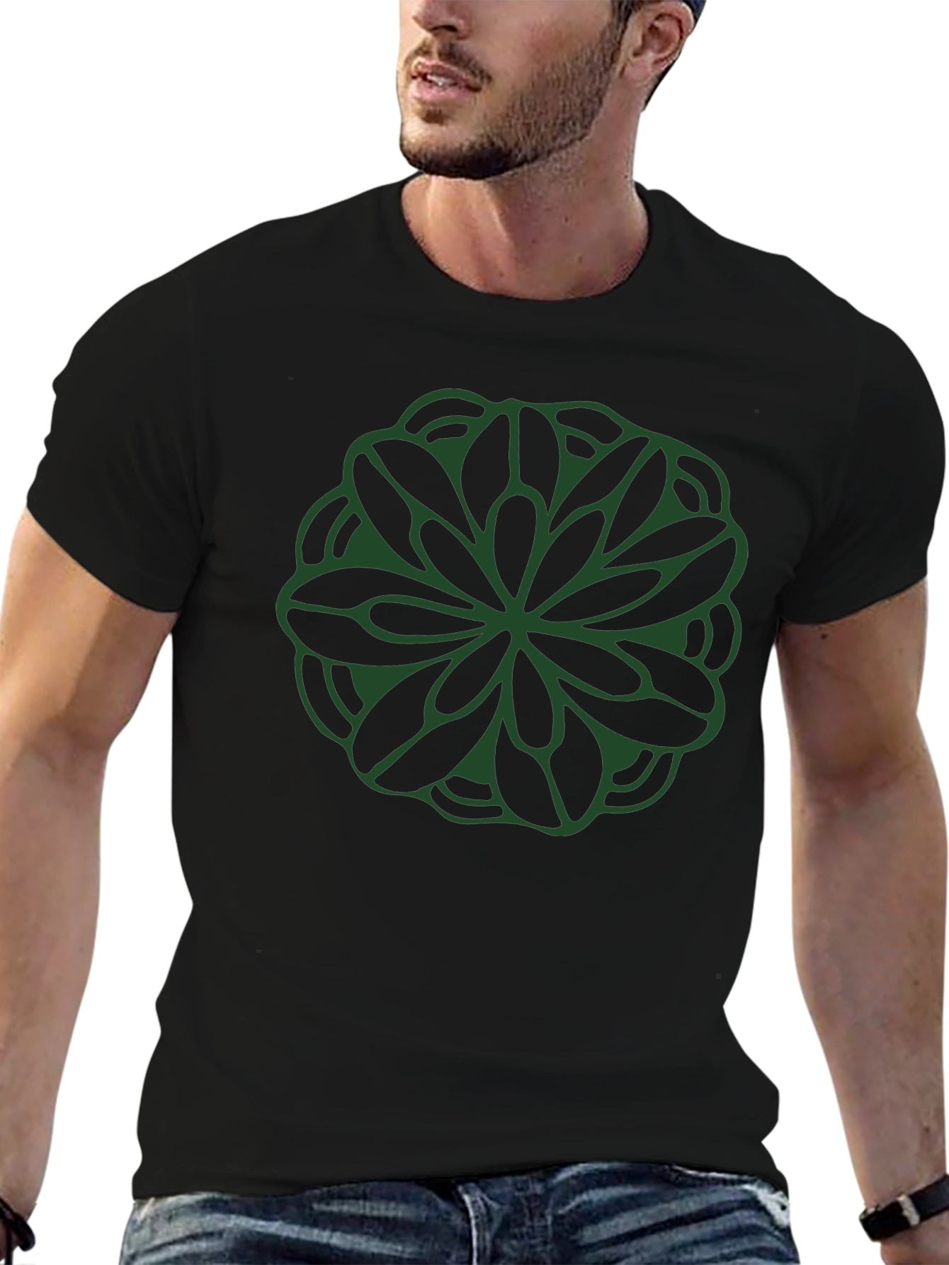Green Mandala Graphic Black T-Shirt