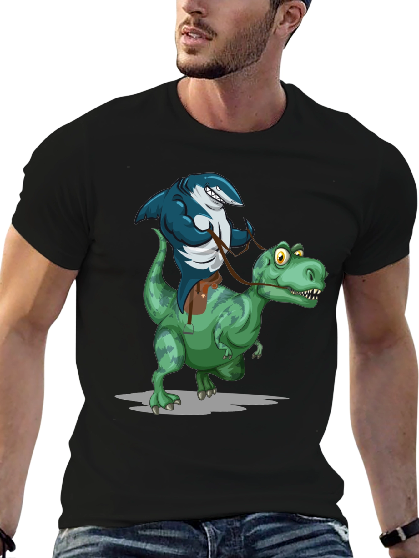 Shark Riding Dinosaur Graphic Tee - Funny Animal T-Shirt