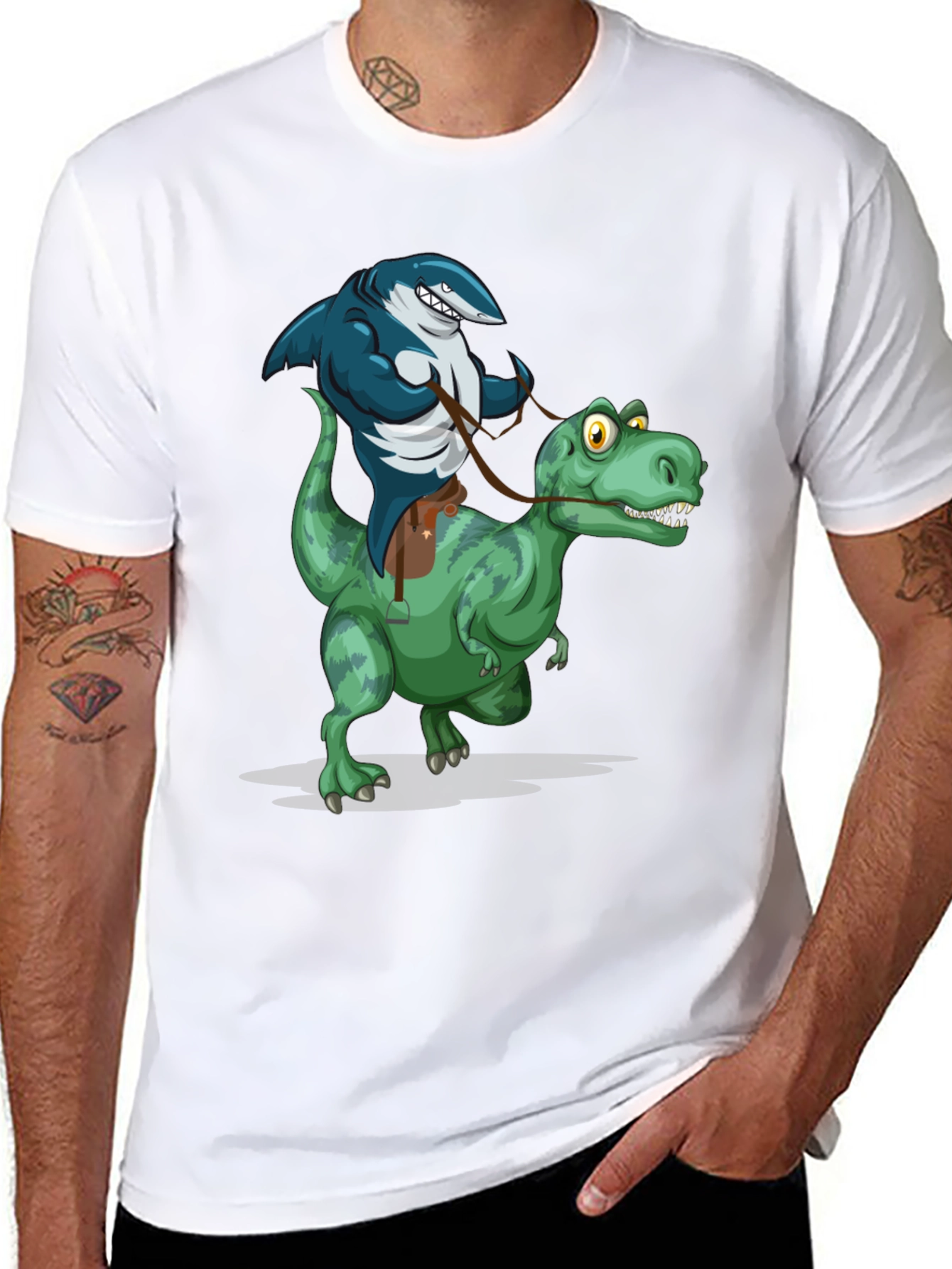 Shark Riding Dinosaur Graphic Tee - Funny Animal T-Shirt