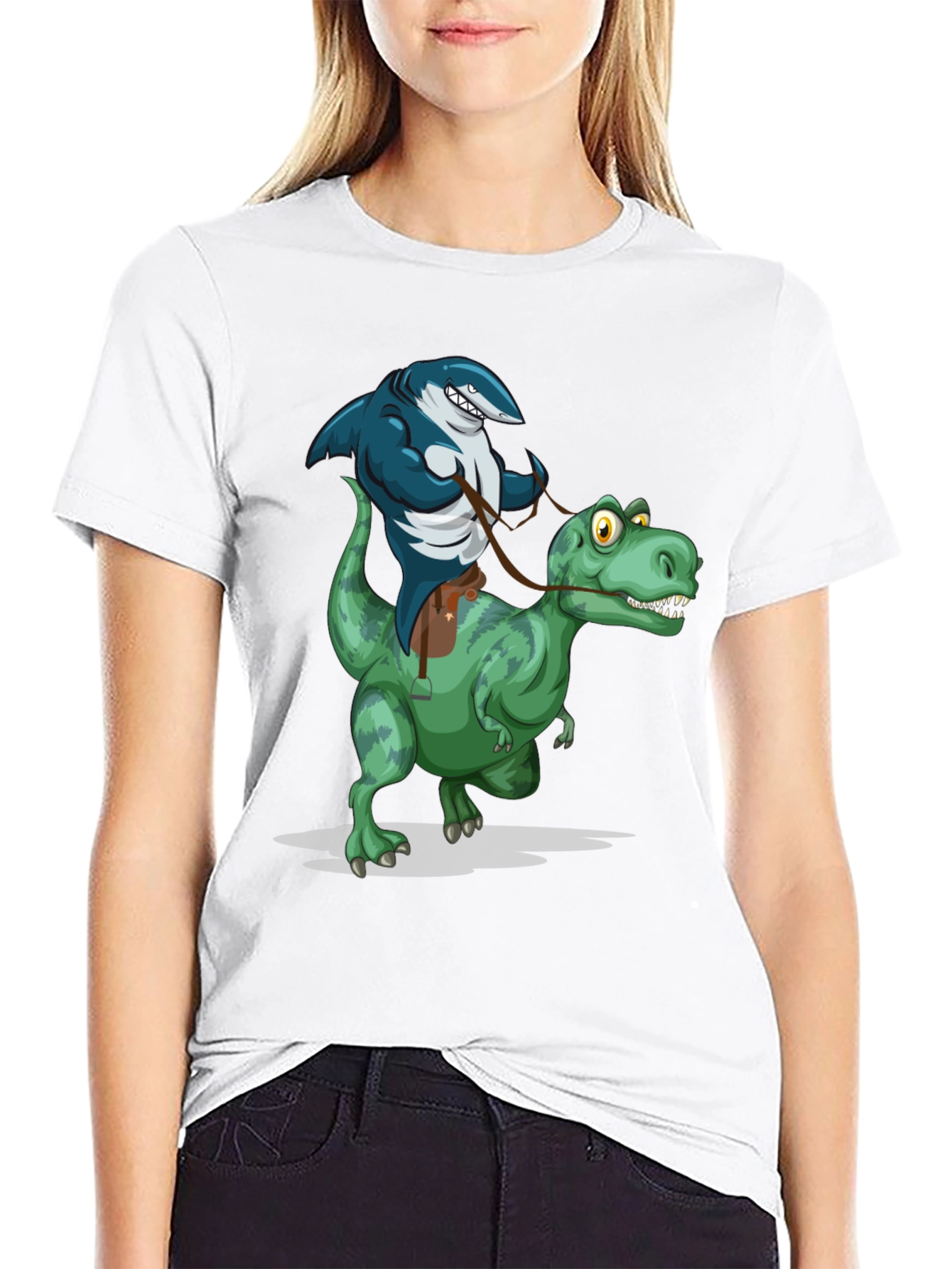 Shark Riding Dinosaur Graphic Tee - Funny Animal T-Shirt