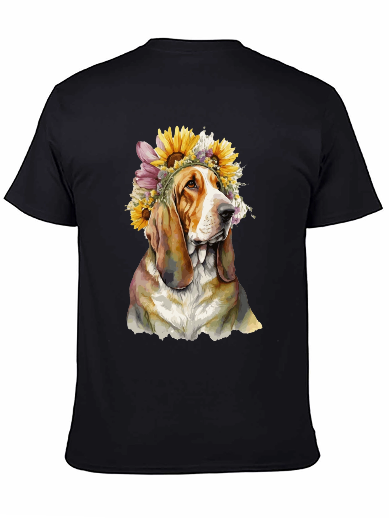 Dog with Floral Crown Black T-Shirt