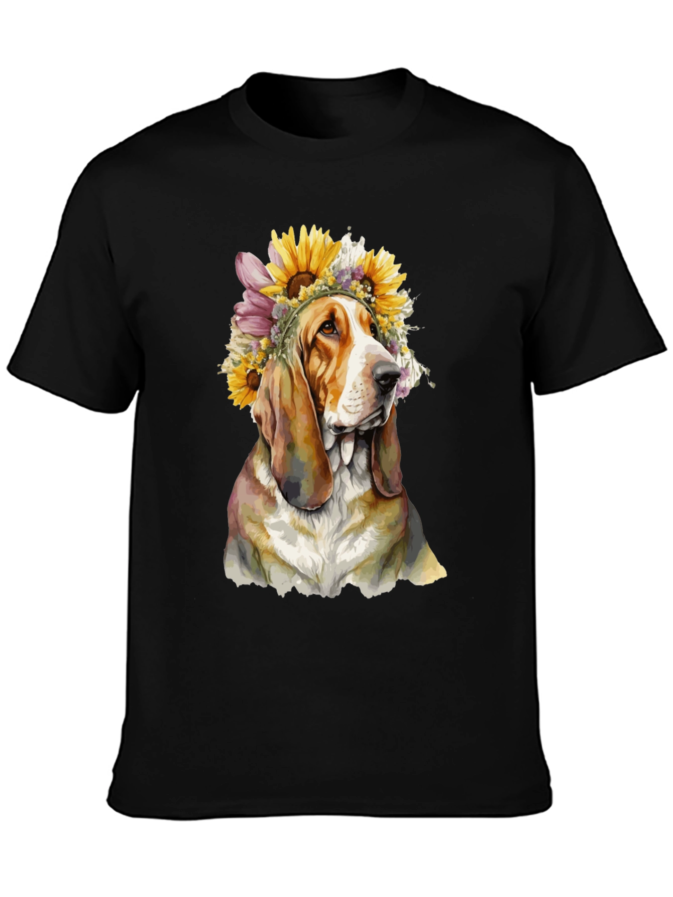 Dog with Floral Crown Black T-Shirt