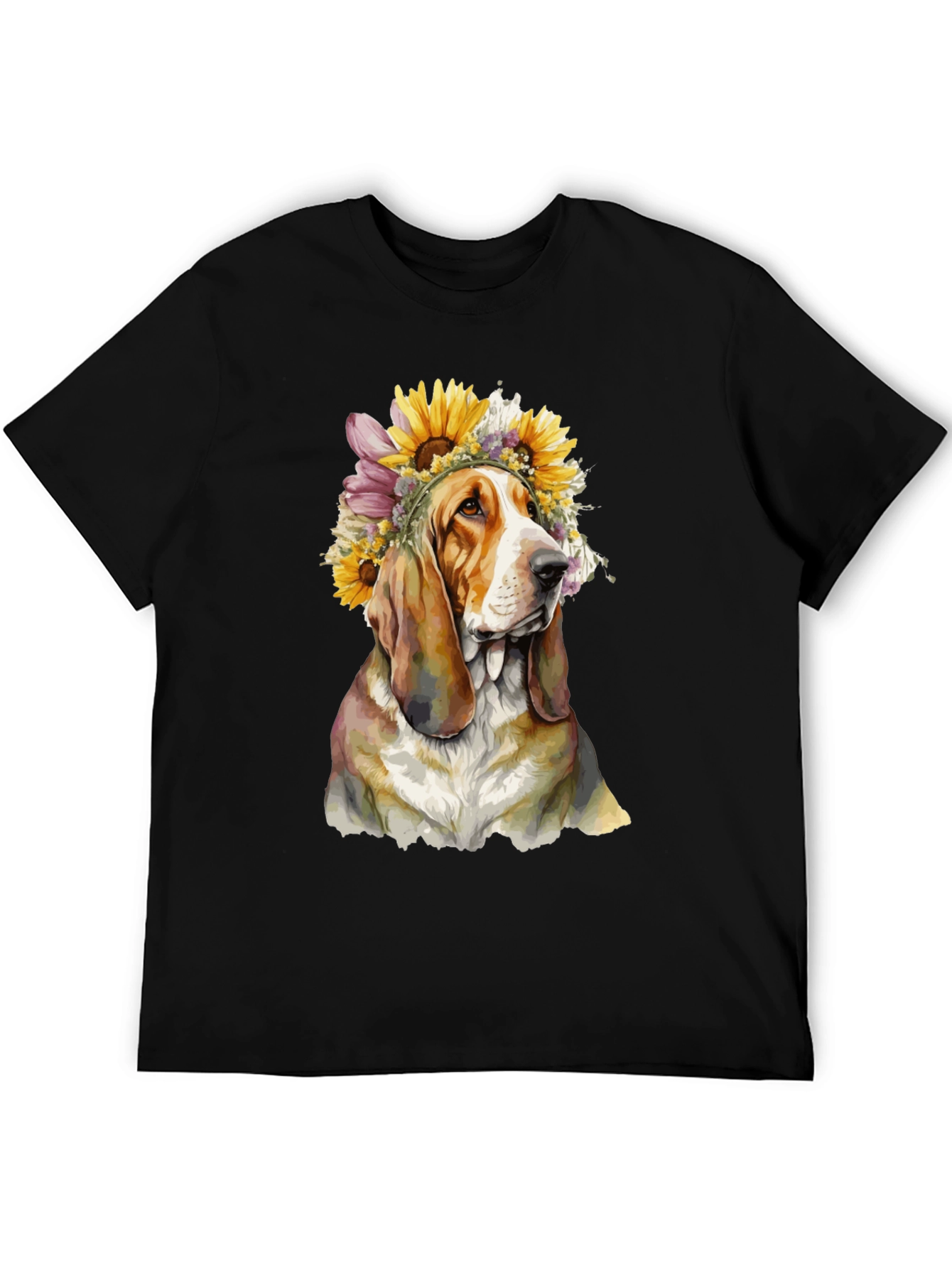 Dog with Floral Crown Black T-Shirt