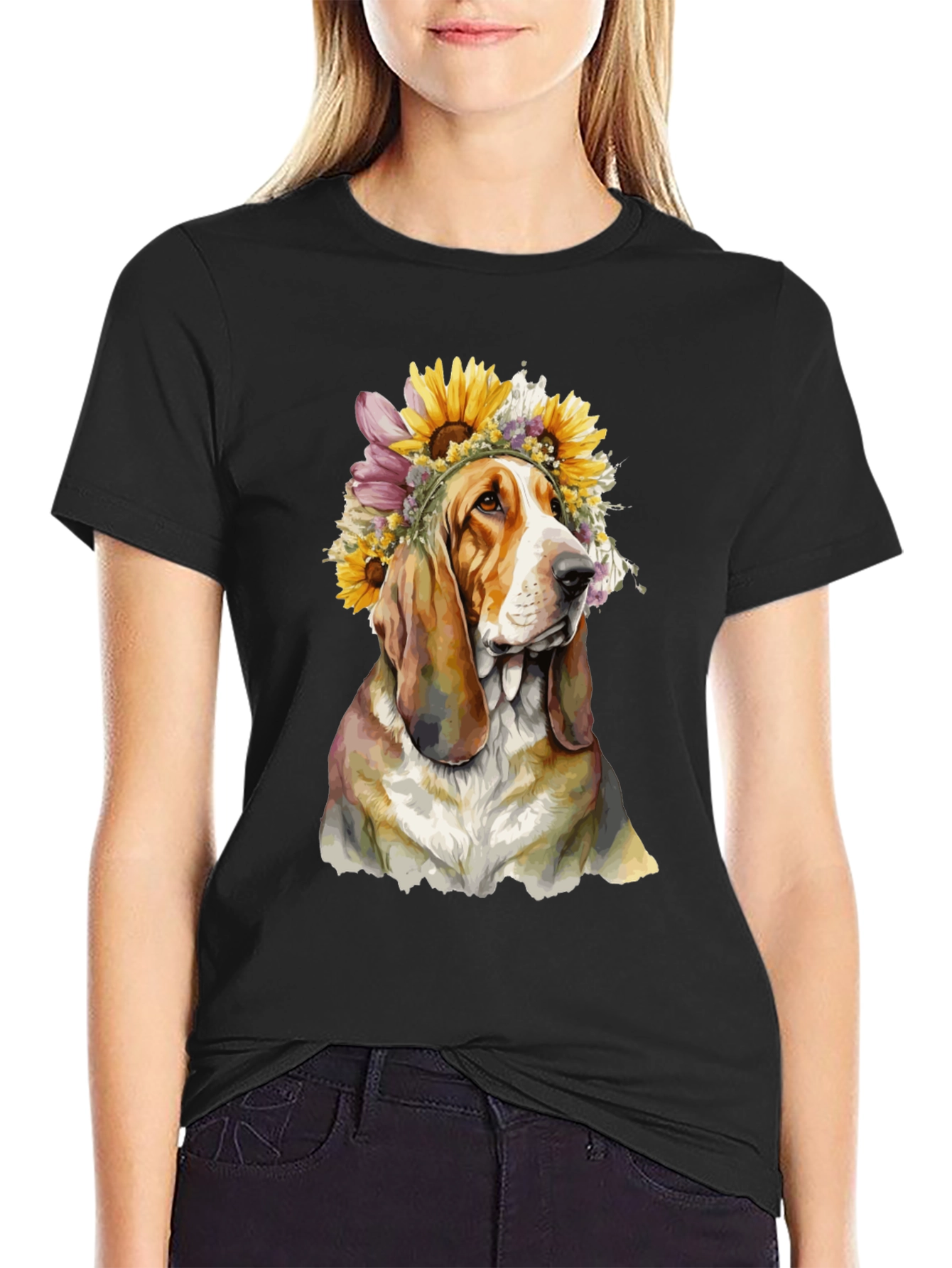 Dog with Floral Crown Black T-Shirt