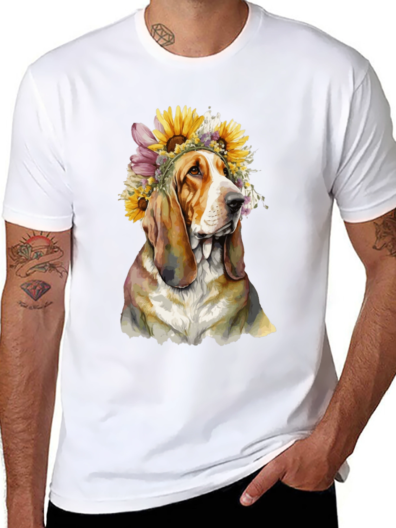 Dog with Floral Crown Black T-Shirt