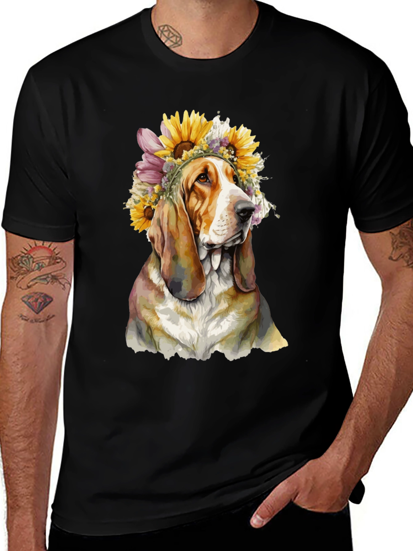 Dog with Floral Crown Black T-Shirt