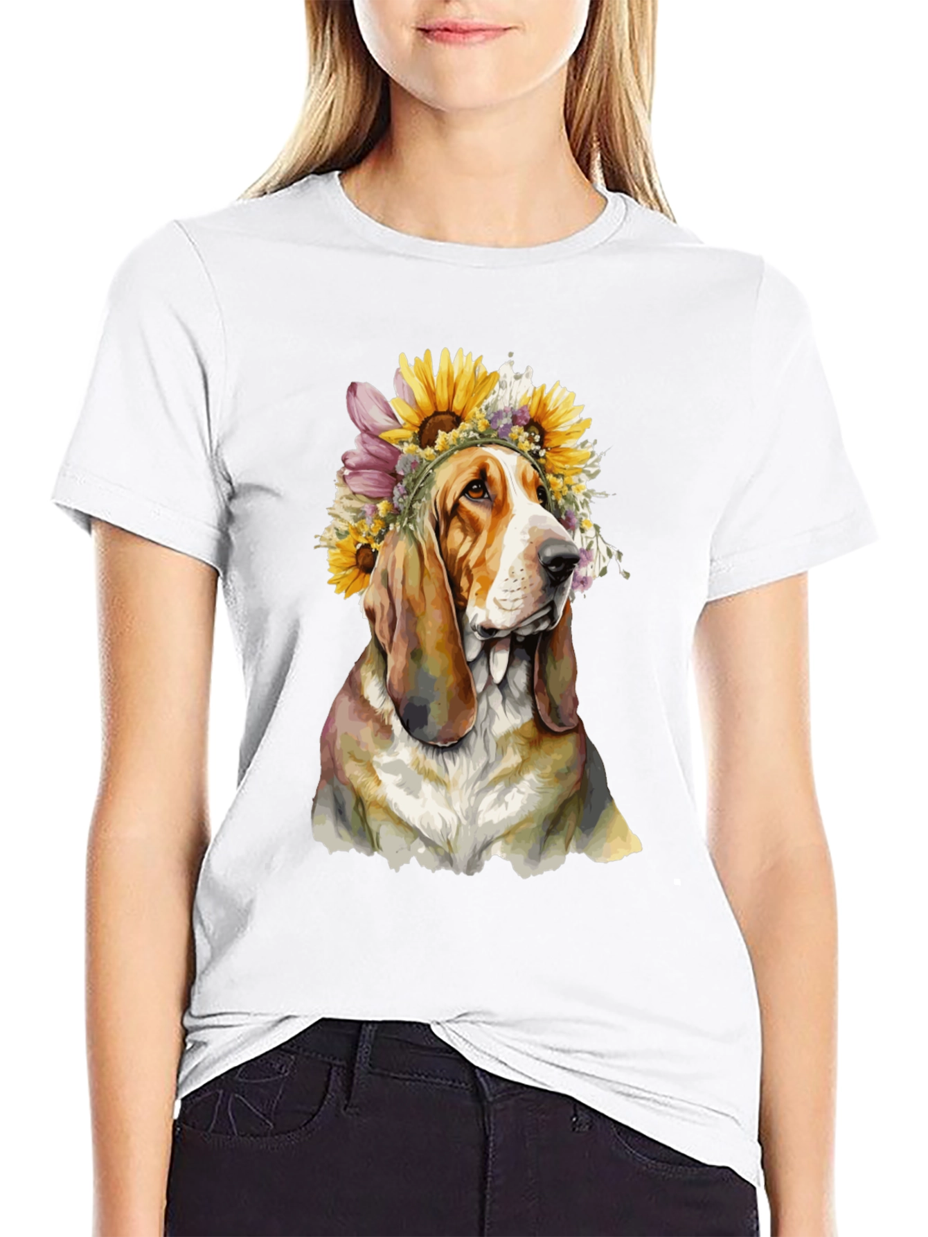 Dog with Floral Crown Black T-Shirt