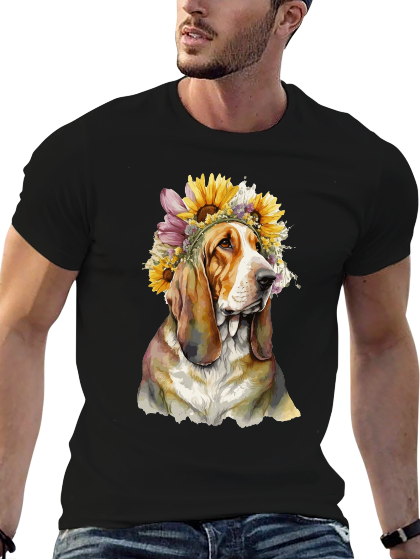 Dog with Floral Crown Black T-Shirt