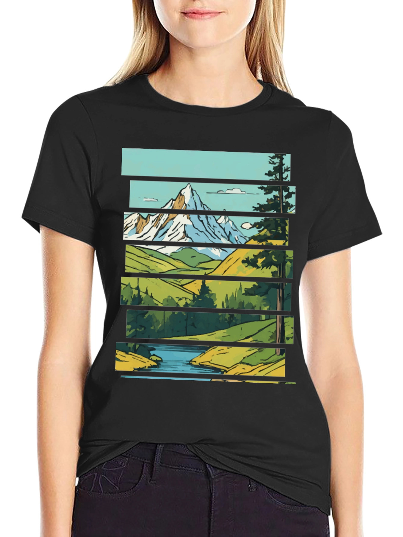 Scenic Landscape Graphic Tee - Mountain & River Print