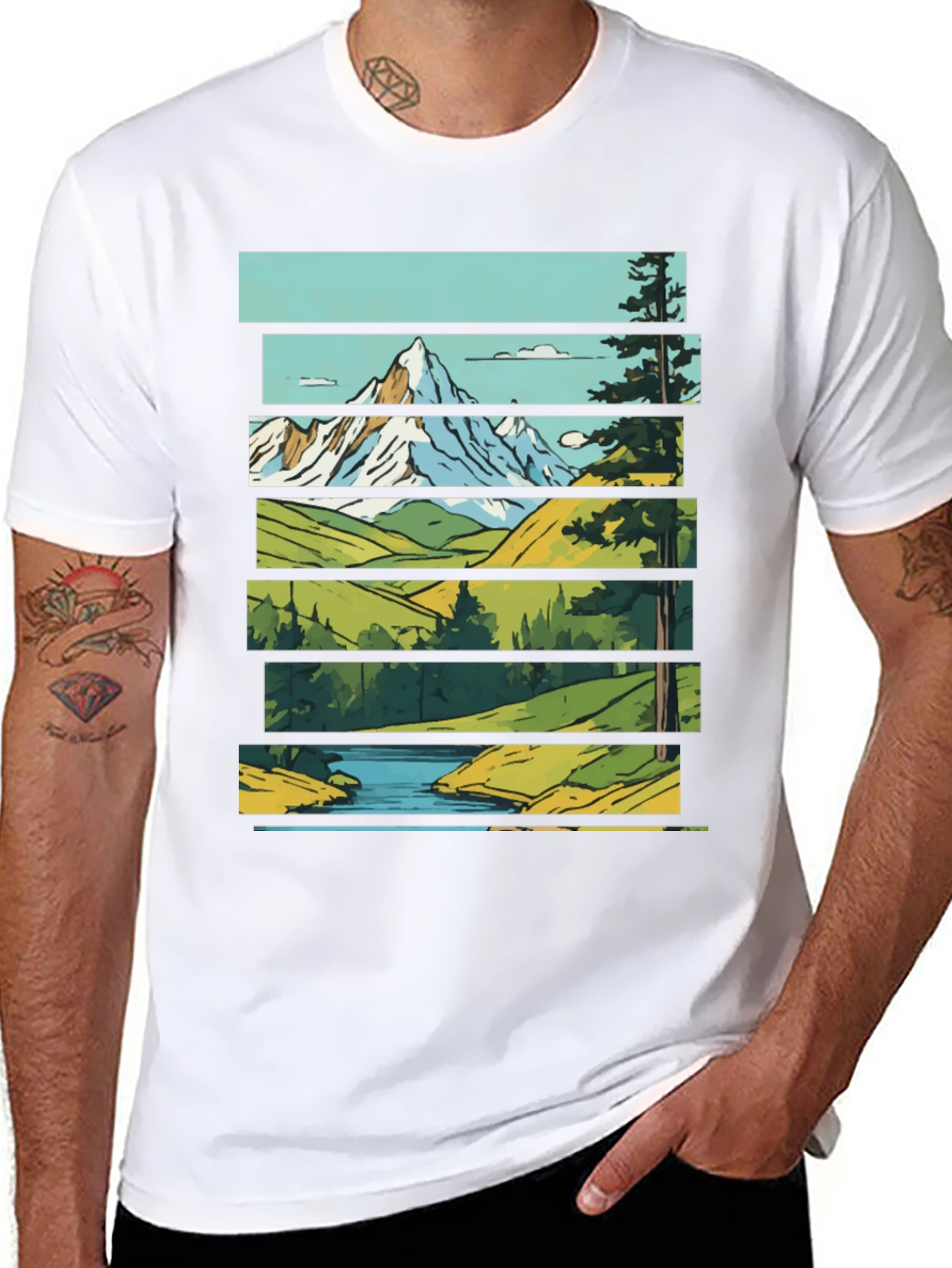 Scenic Landscape Graphic Tee - Mountain & River Print