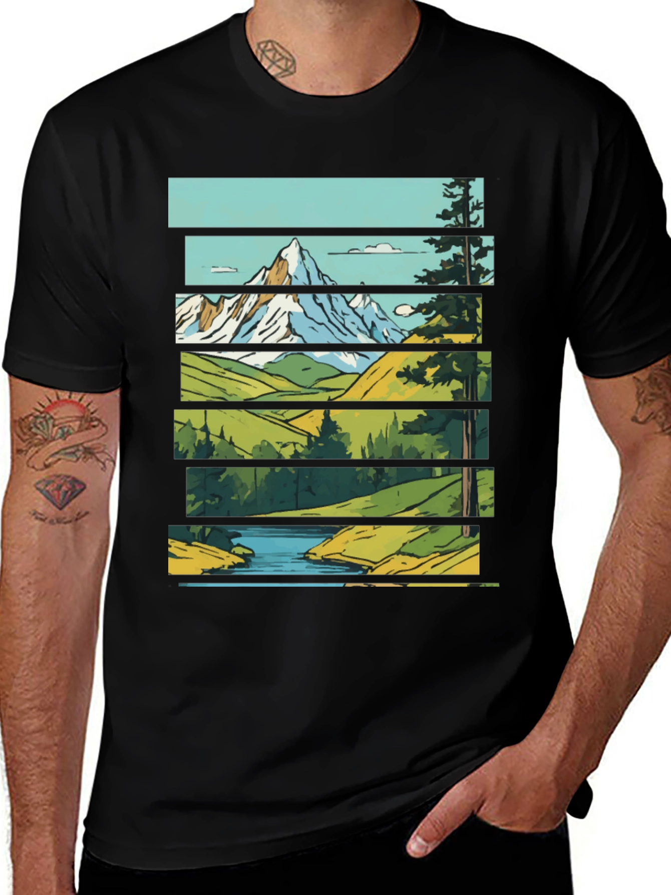 Scenic Landscape Graphic Tee - Mountain & River Print