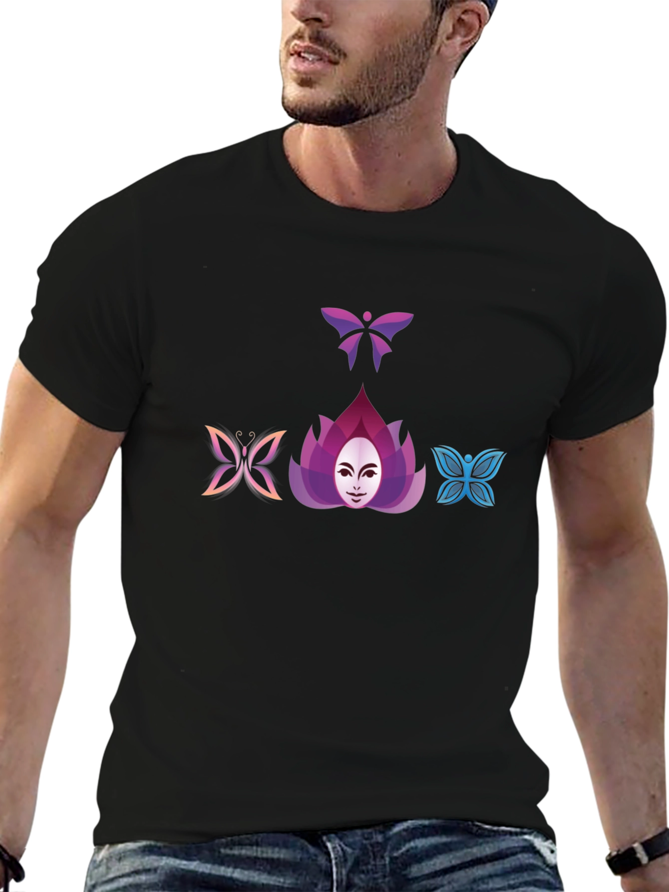 Butterfly Lotus Graphic Tee - Black Cotton Blend