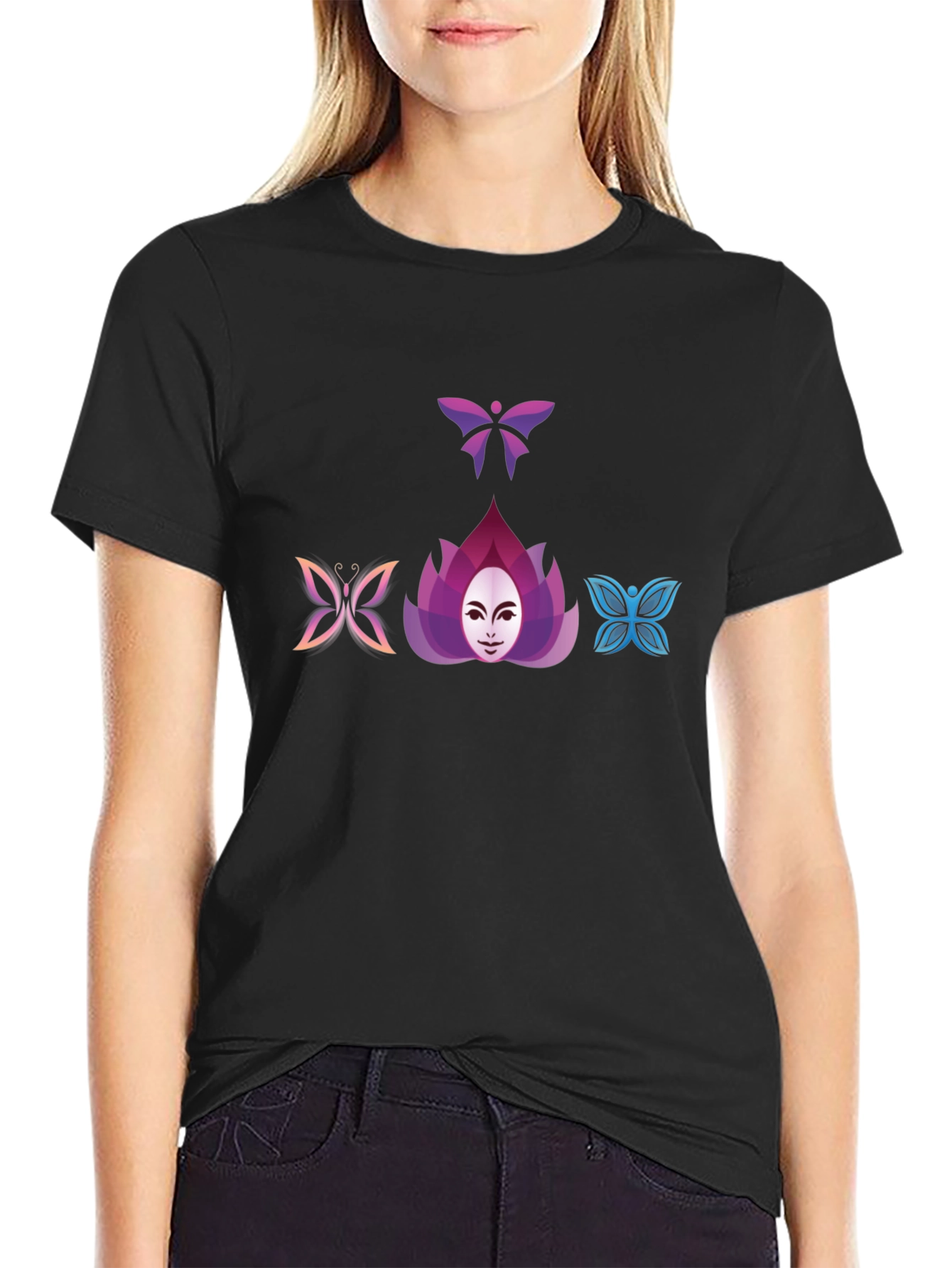 Butterfly Lotus Graphic Tee - Black Cotton Blend