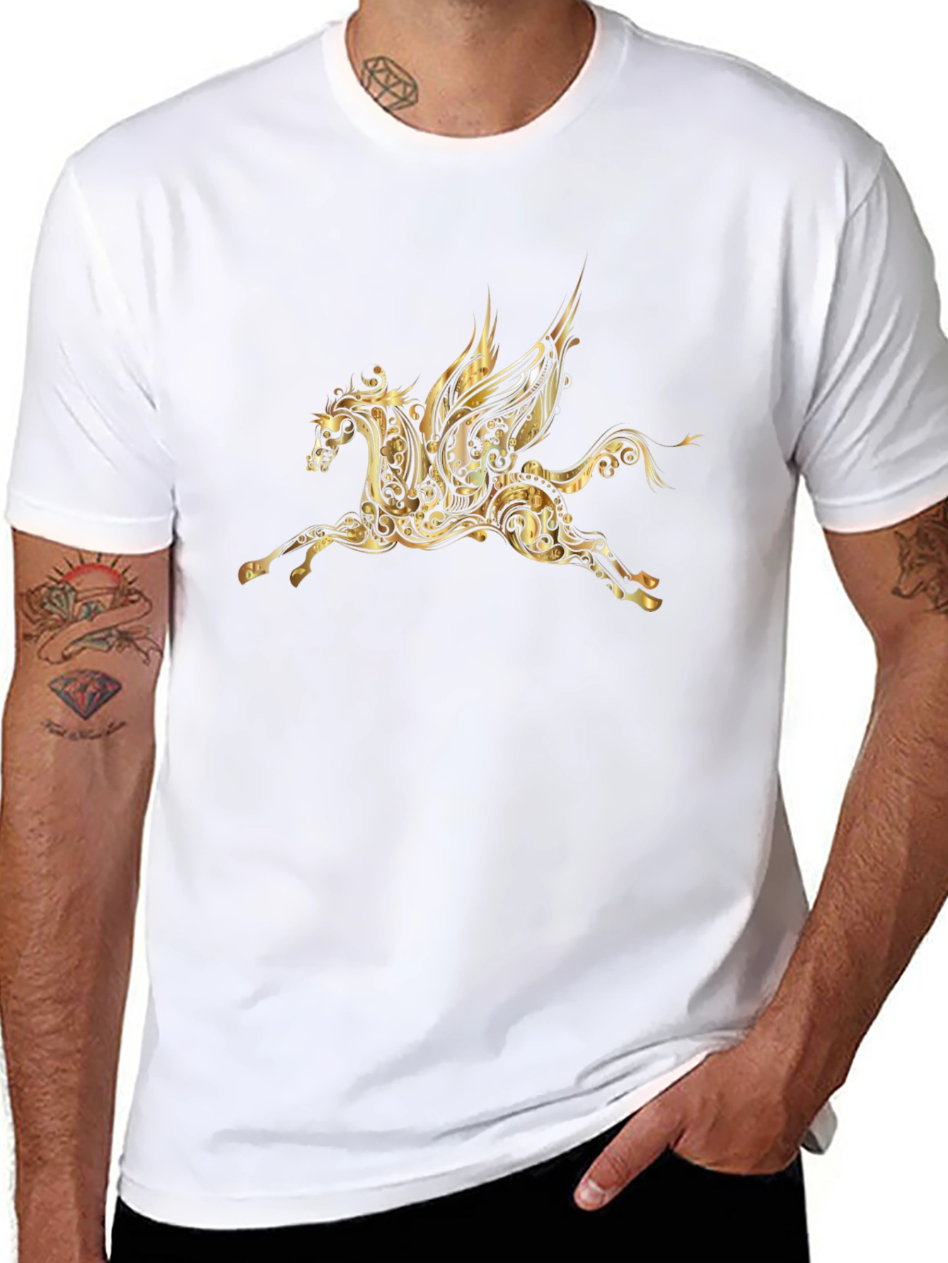Ornate Gold Pegasus Black Tee