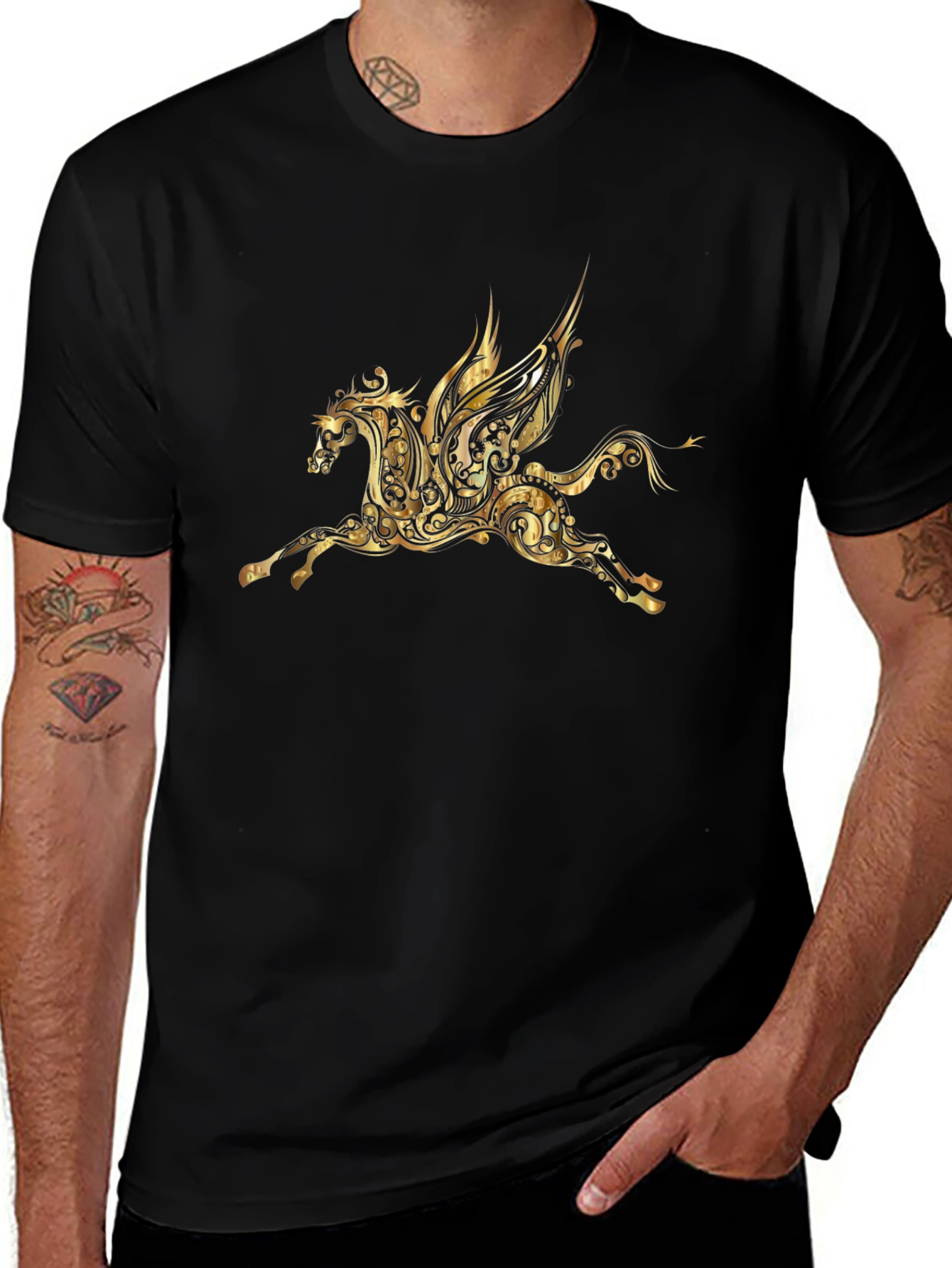 Ornate Gold Pegasus Black Tee