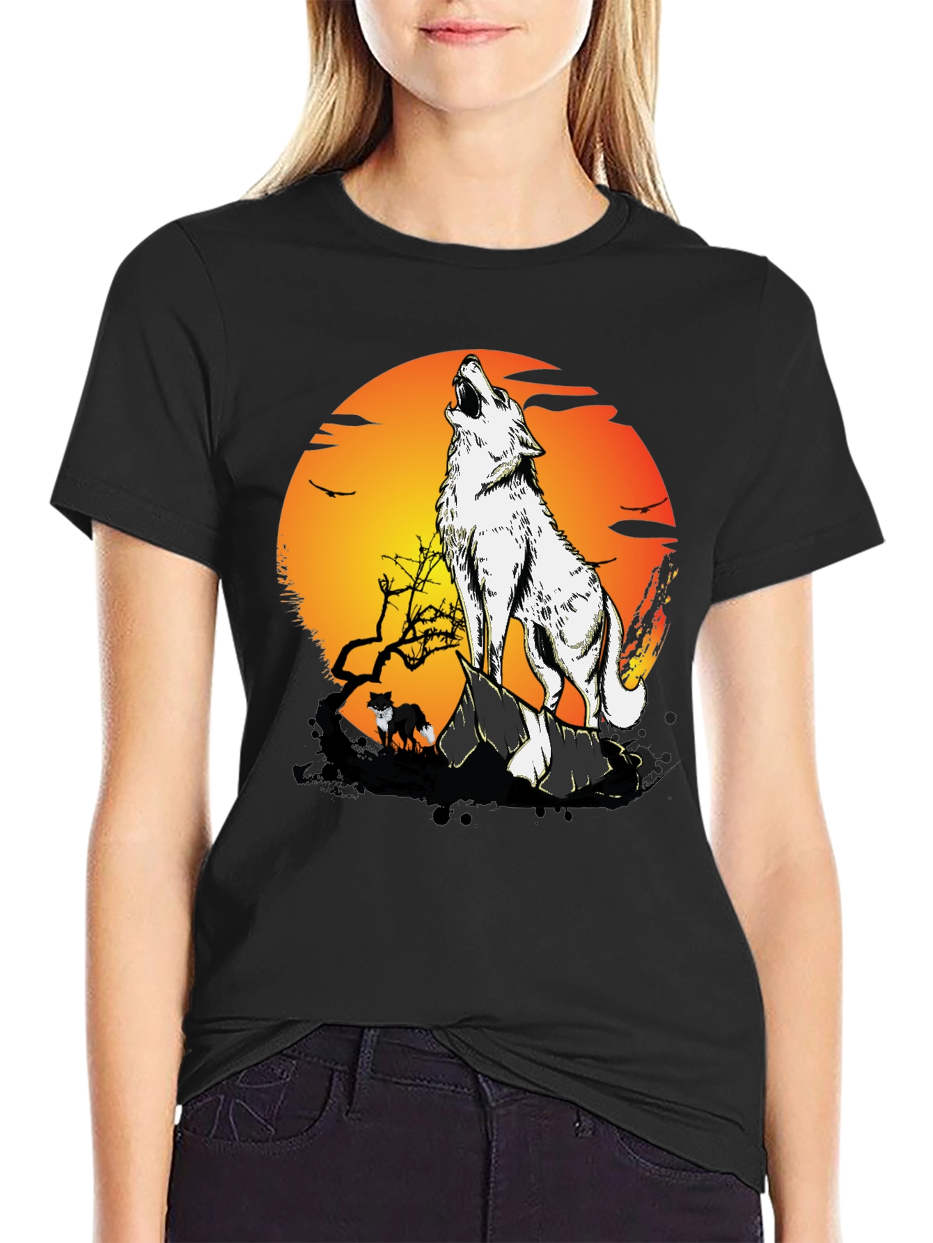 Wolf Howling at Moon Graphic Tee - Black