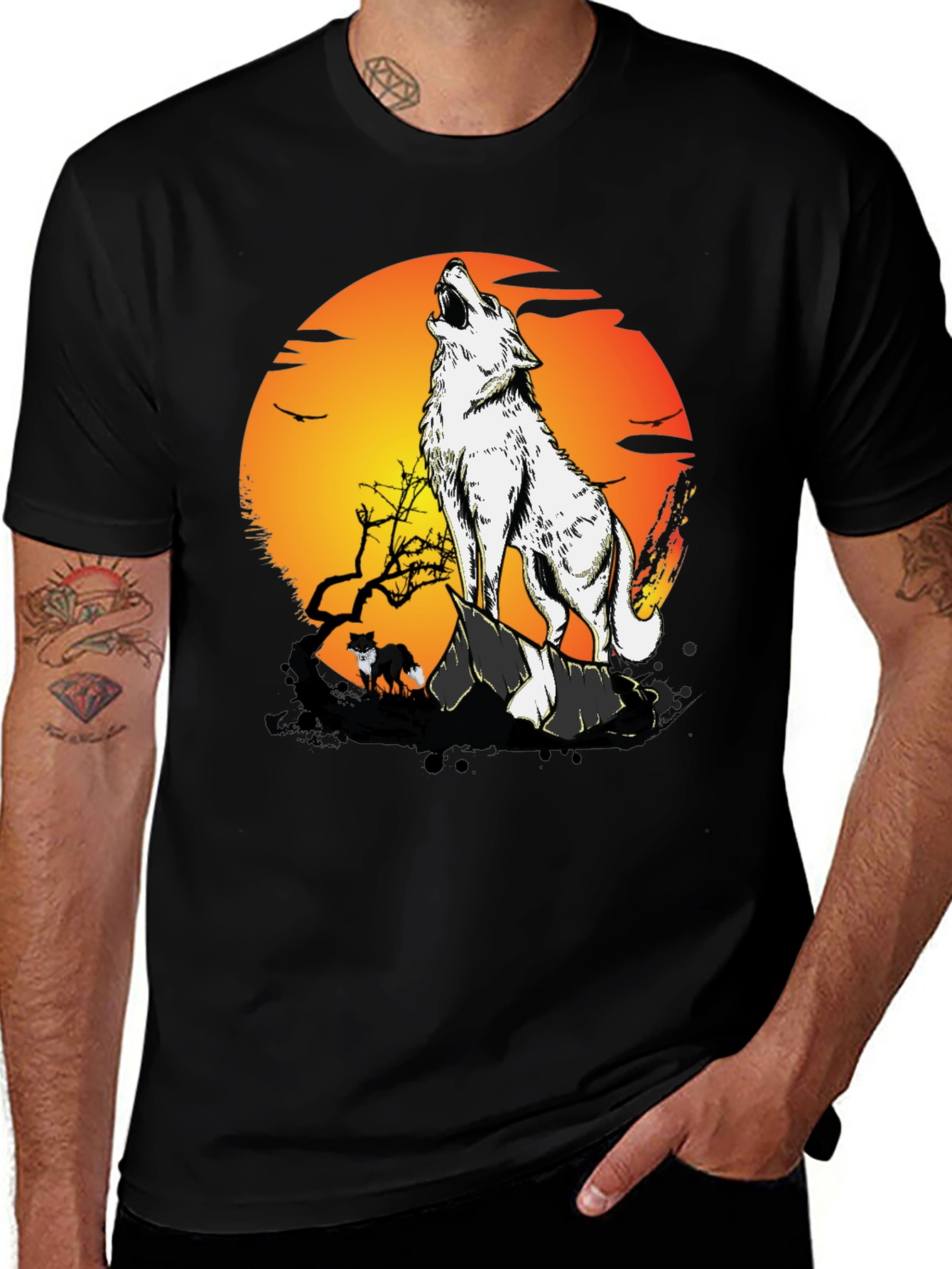Wolf Howling at Moon Graphic Tee - Black