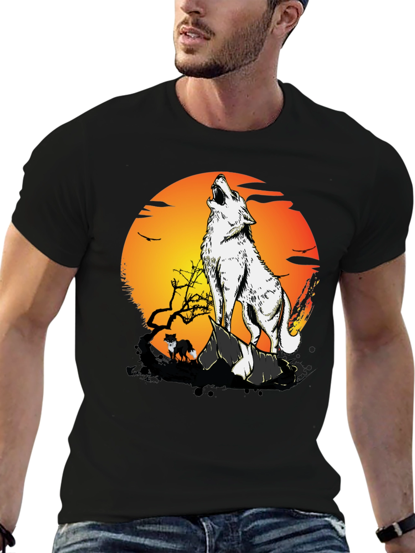 Wolf Howling at Moon Graphic Tee - Black