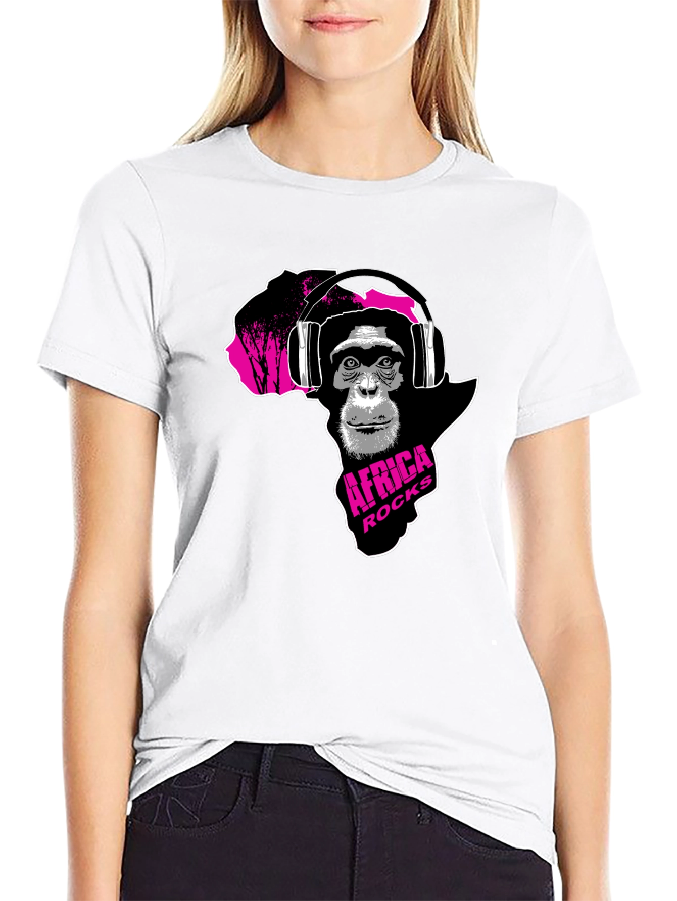Africa Rocks Tee - Chimpanzee with Headphones Black T-Shirt