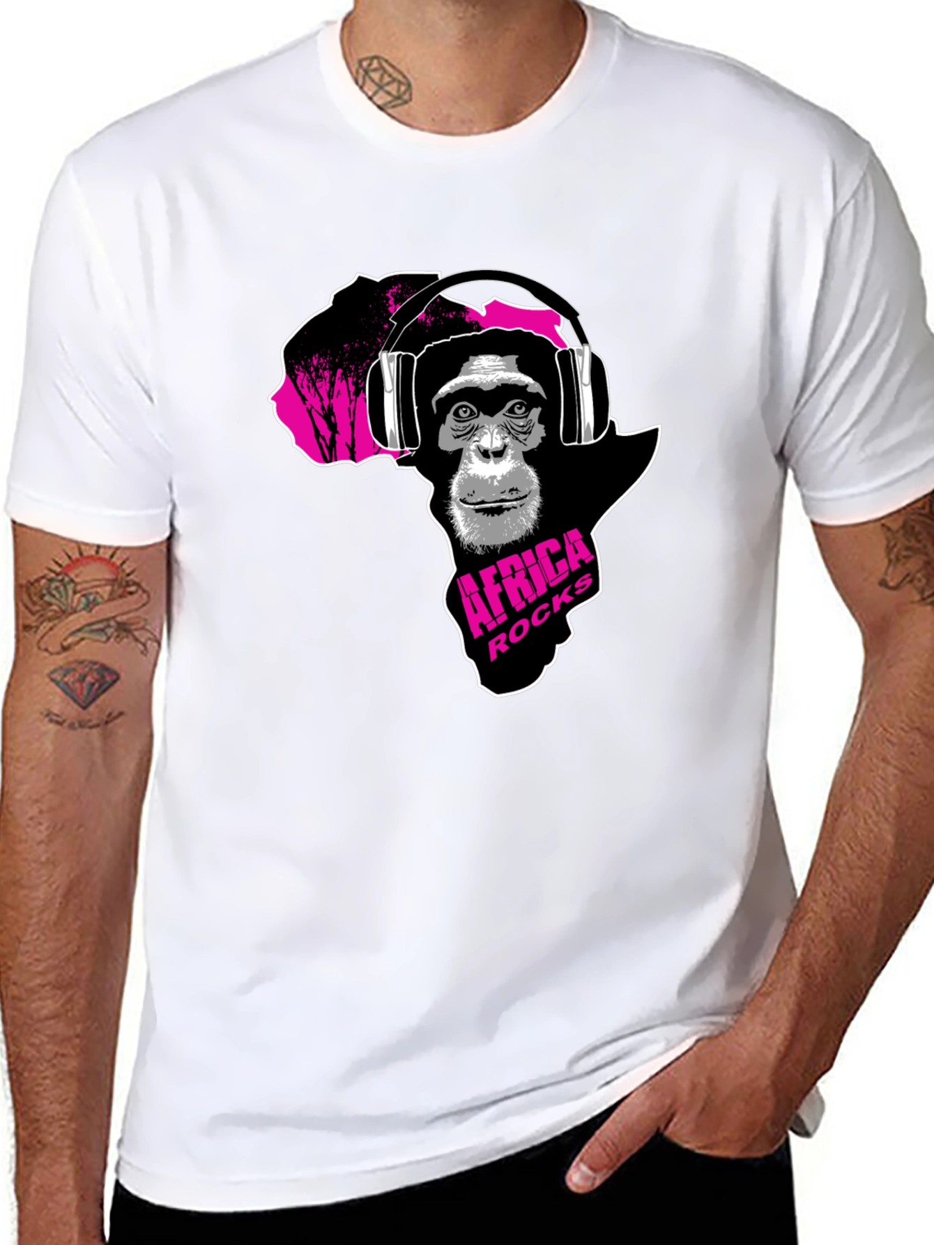 Africa Rocks Tee - Chimpanzee with Headphones Black T-Shirt