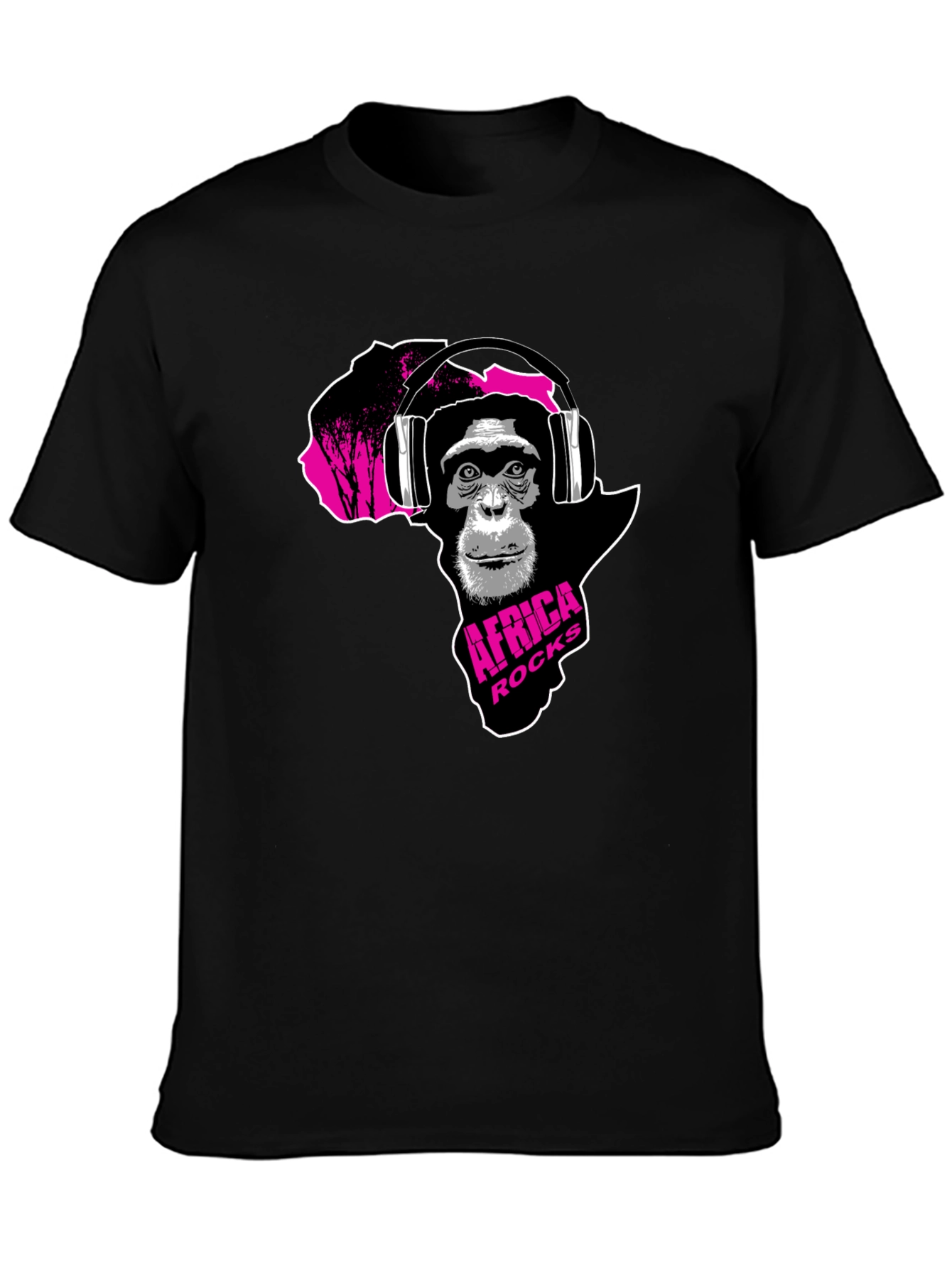 Africa Rocks Tee - Chimpanzee with Headphones Black T-Shirt