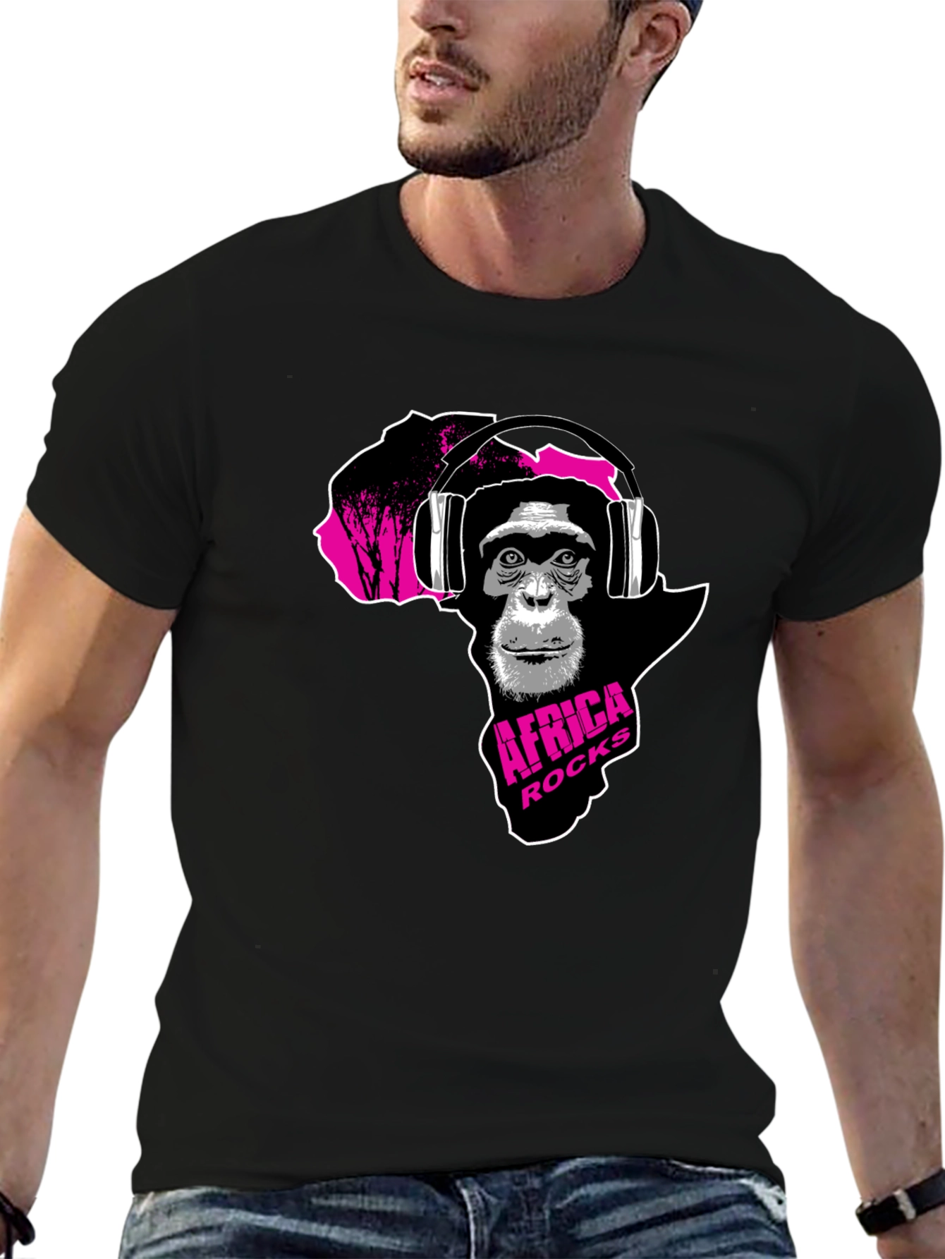 Africa Rocks Tee - Chimpanzee with Headphones Black T-Shirt