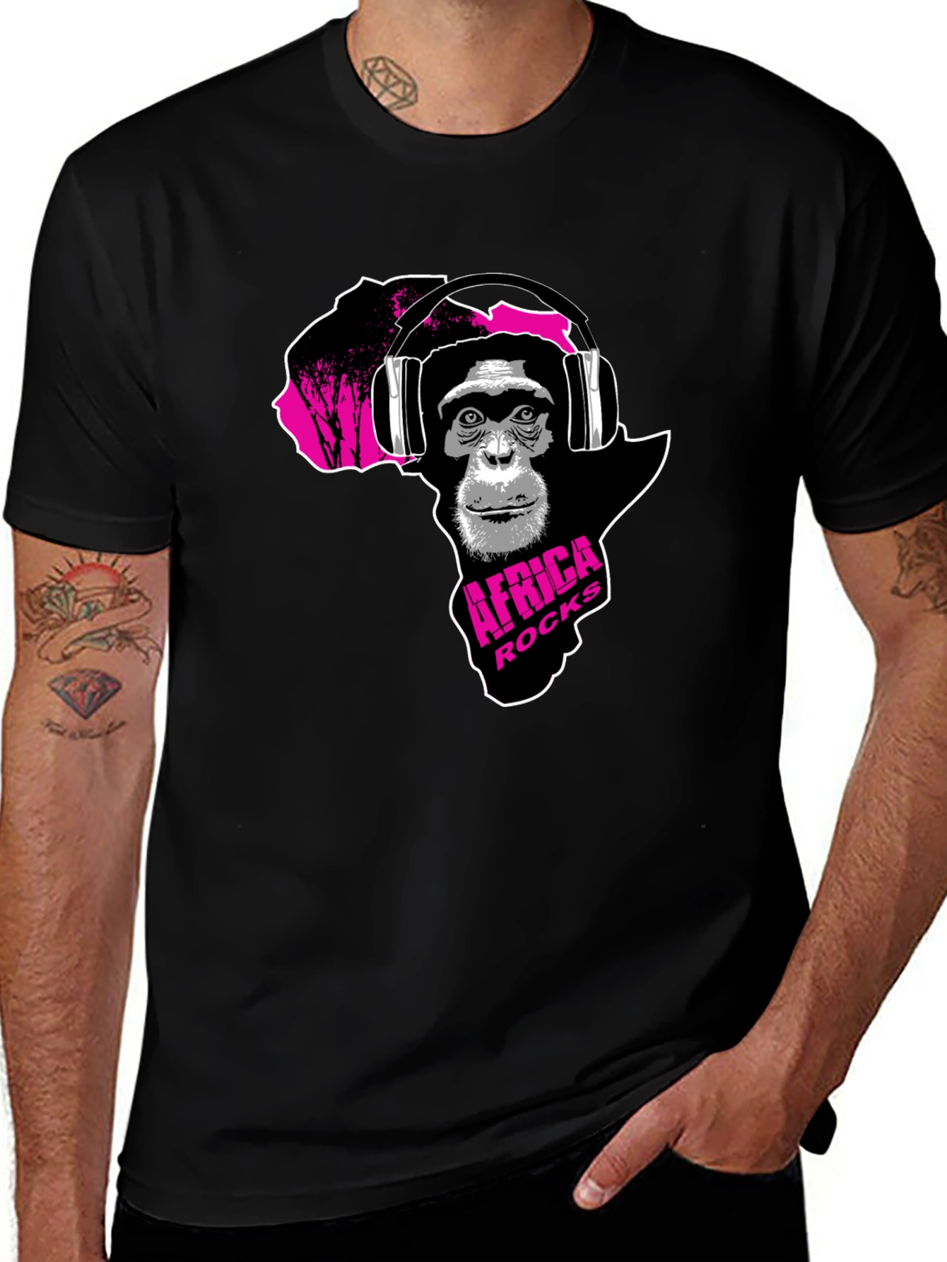Africa Rocks Tee - Chimpanzee with Headphones Black T-Shirt