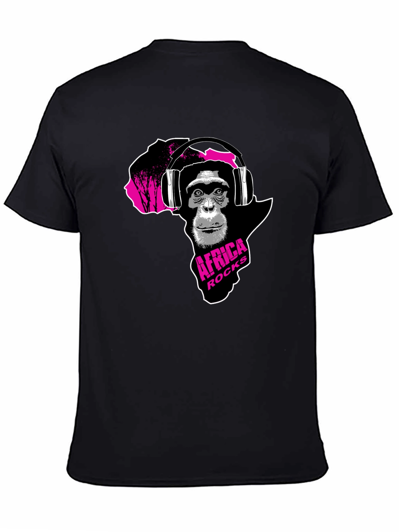 Africa Rocks Tee - Chimpanzee with Headphones Black T-Shirt