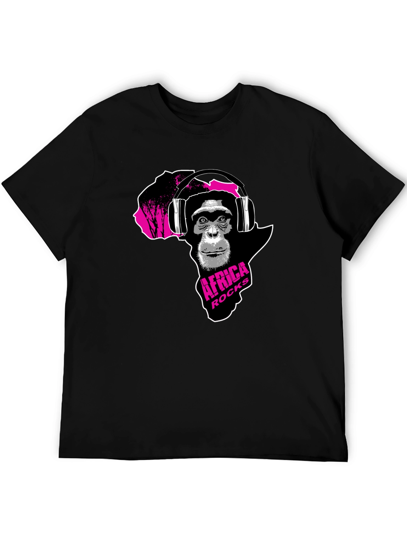 Africa Rocks Tee - Chimpanzee with Headphones Black T-Shirt