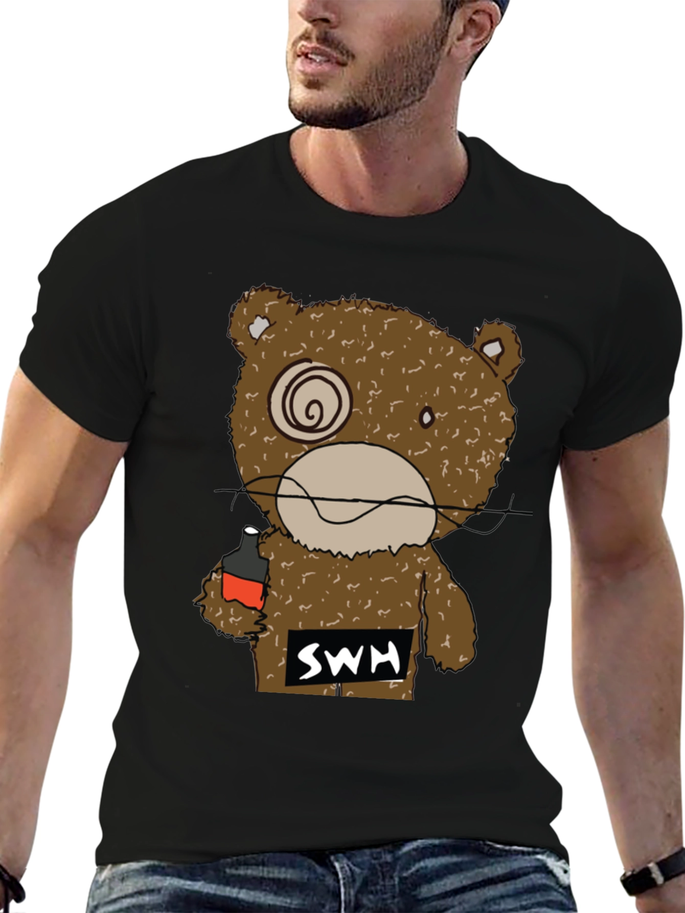 Drunk Bear Graphic Tee - Funny Cartoon Shirt