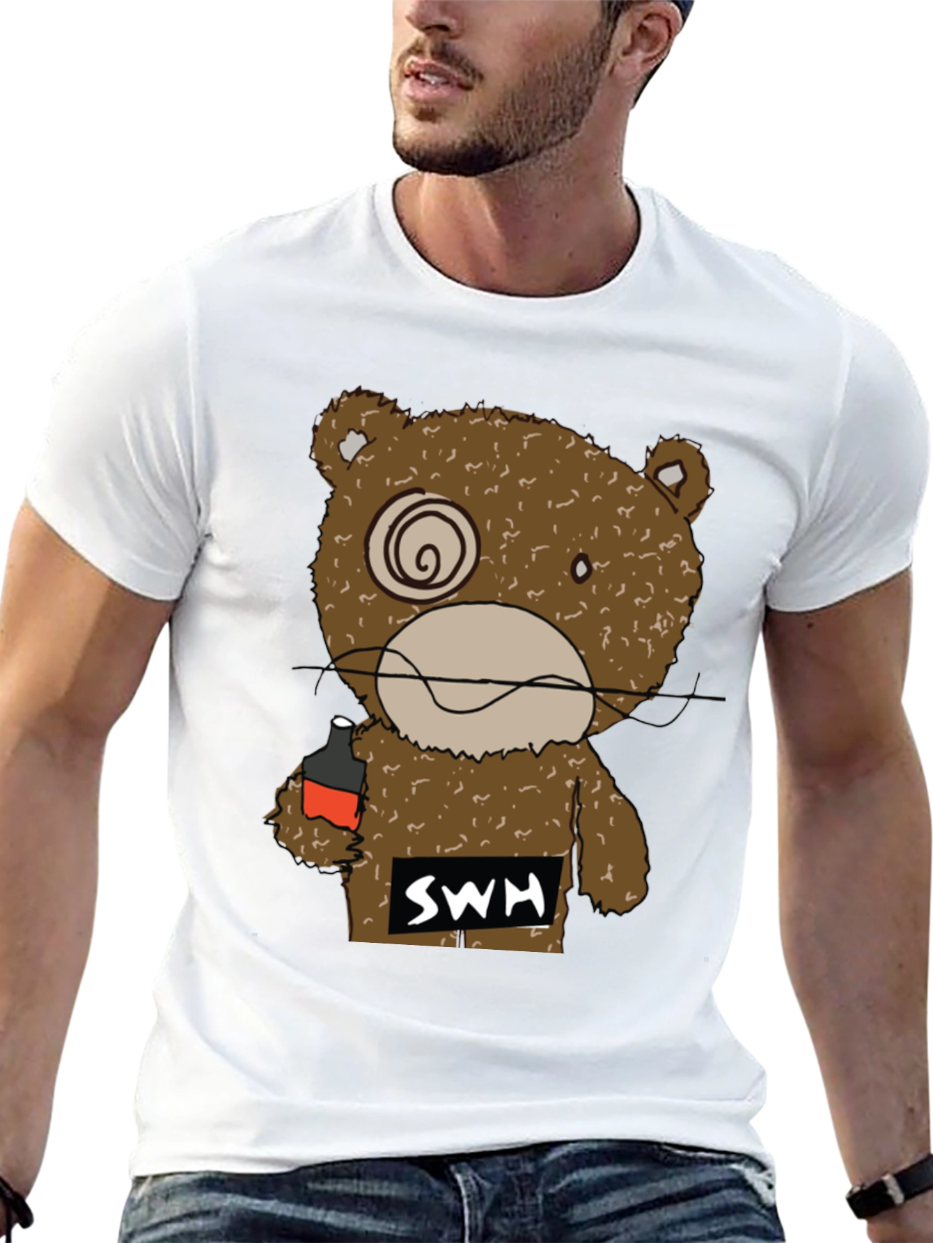 Drunk Bear Graphic Tee - Funny Cartoon Shirt