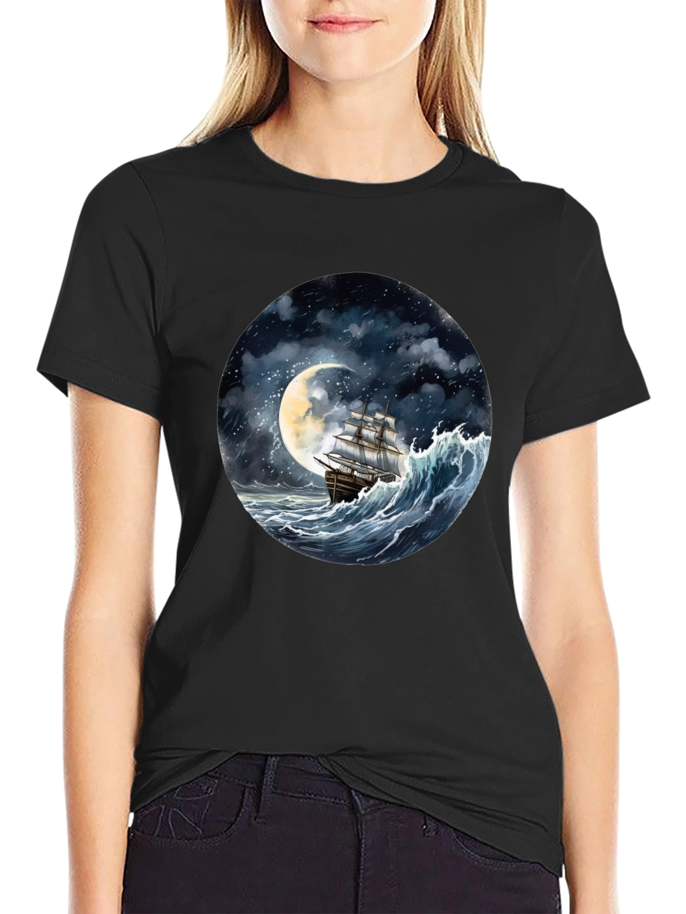 Nautical Moonlit Ship Graphic Tee
