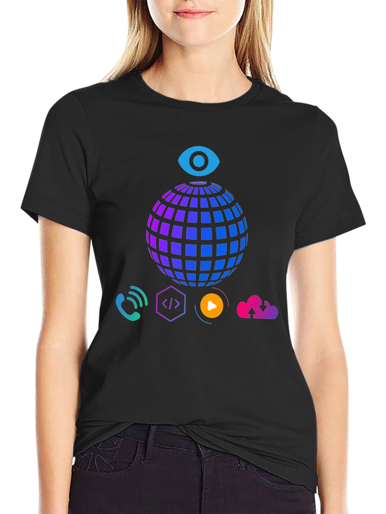Tech Vision T-Shirt - Globe Eye and Cloud Design