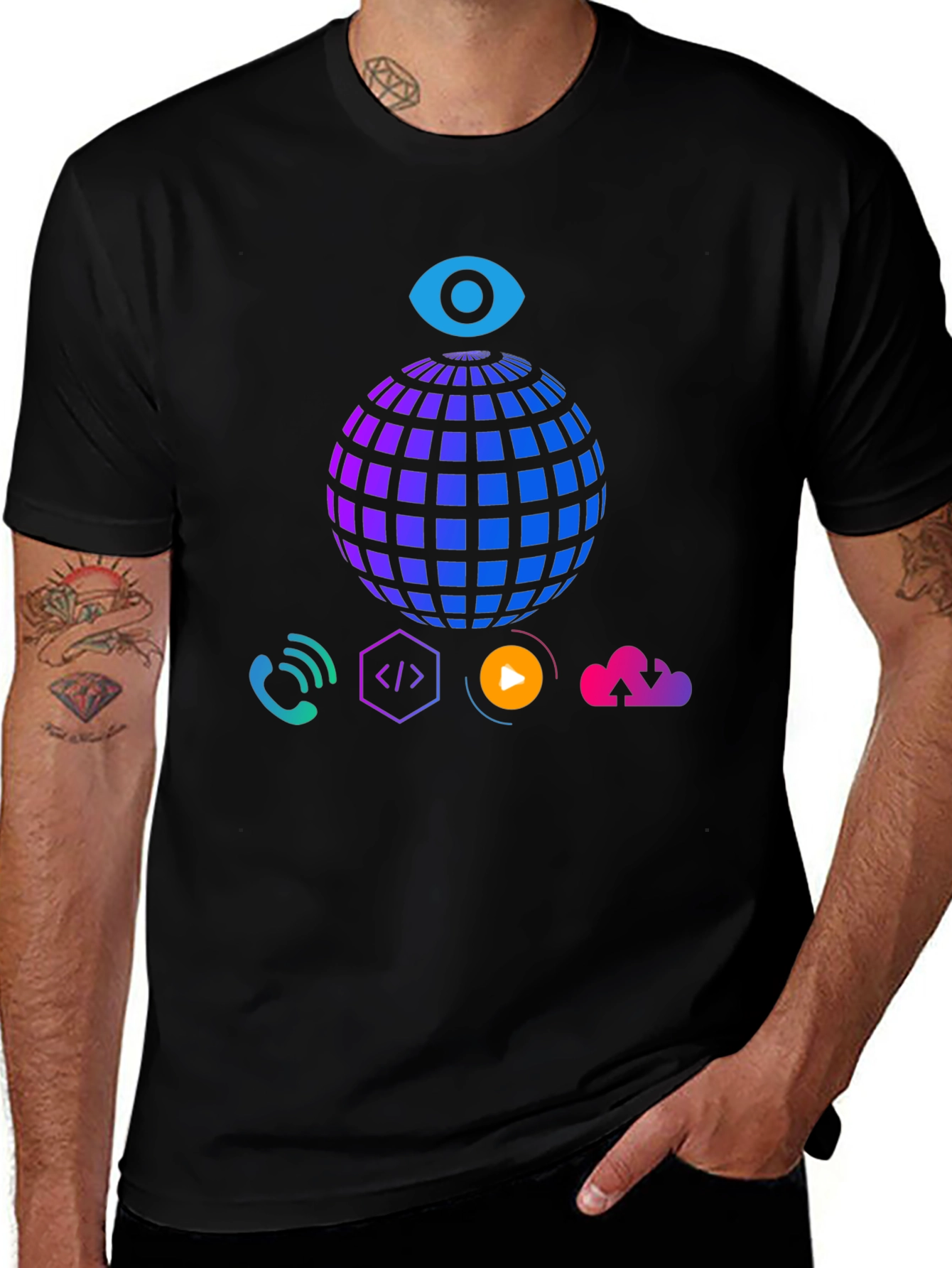 Tech Vision T-Shirt - Globe Eye and Cloud Design