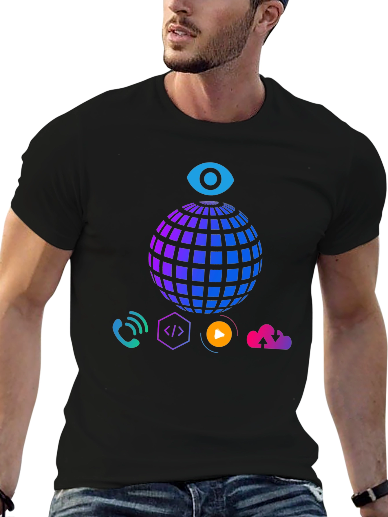 Tech Vision T-Shirt - Globe Eye and Cloud Design