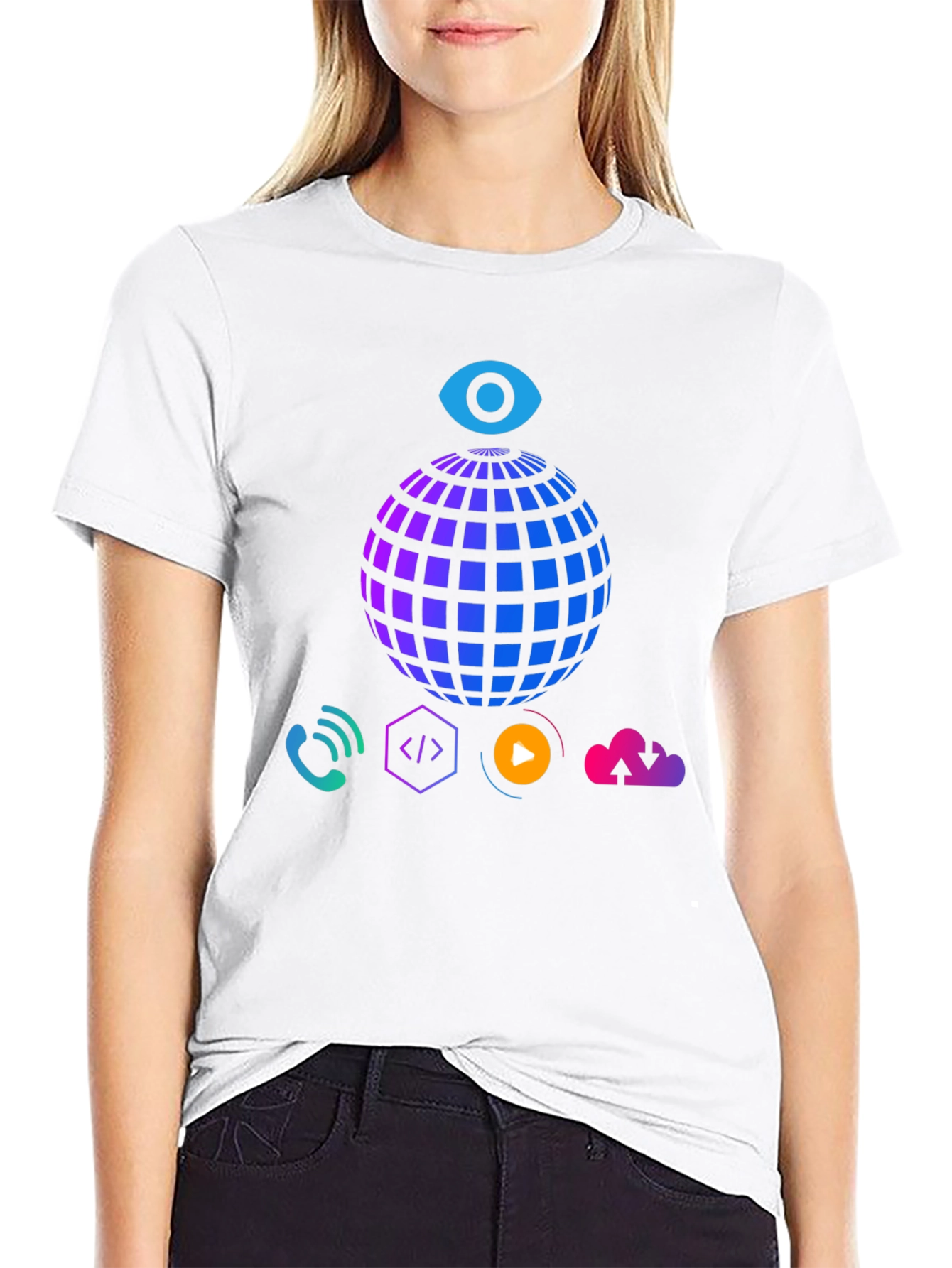 Tech Vision T-Shirt - Globe Eye and Cloud Design
