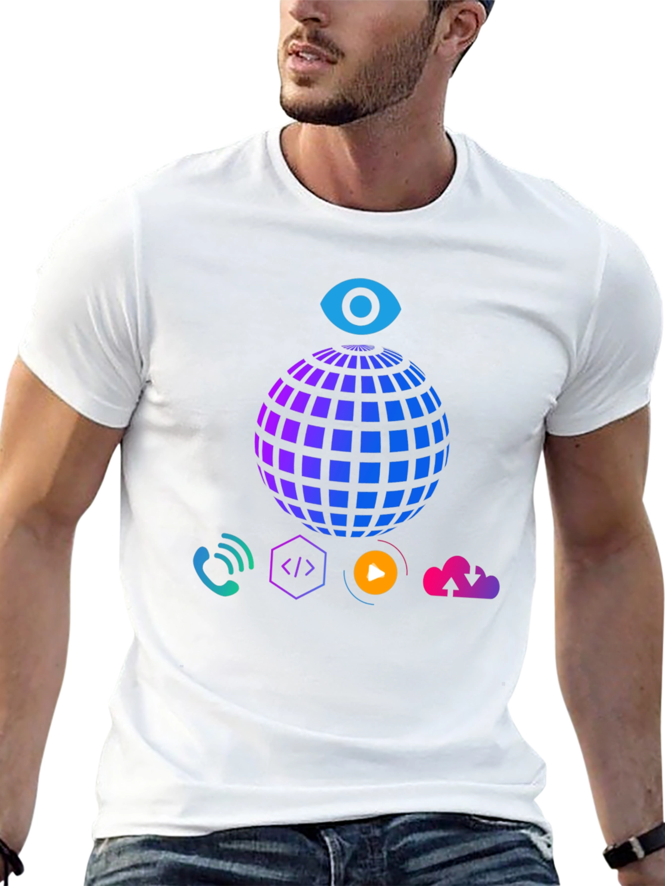 Tech Vision T-Shirt - Globe Eye and Cloud Design