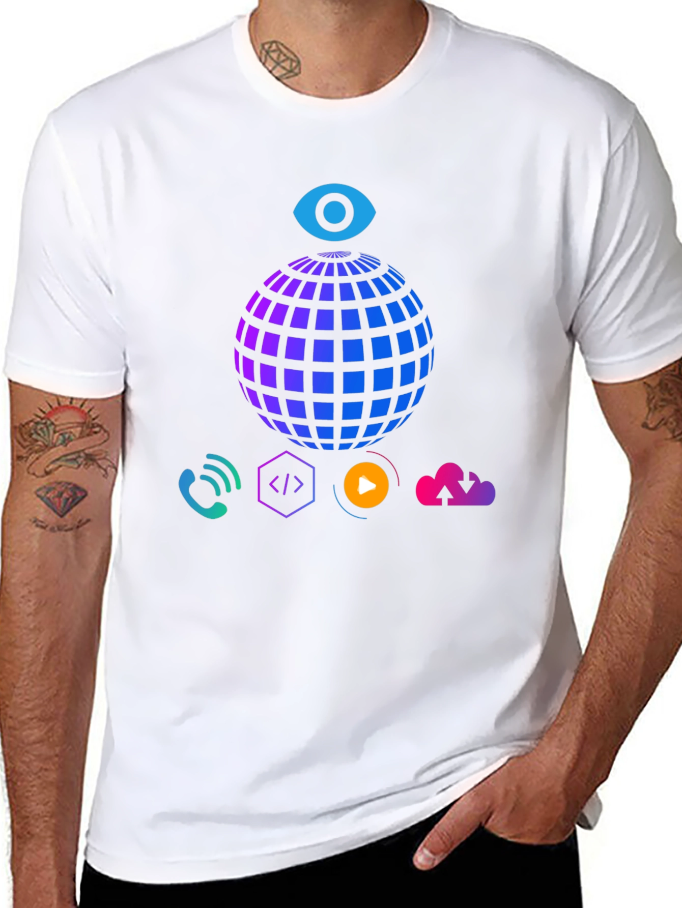 Tech Vision T-Shirt - Globe Eye and Cloud Design