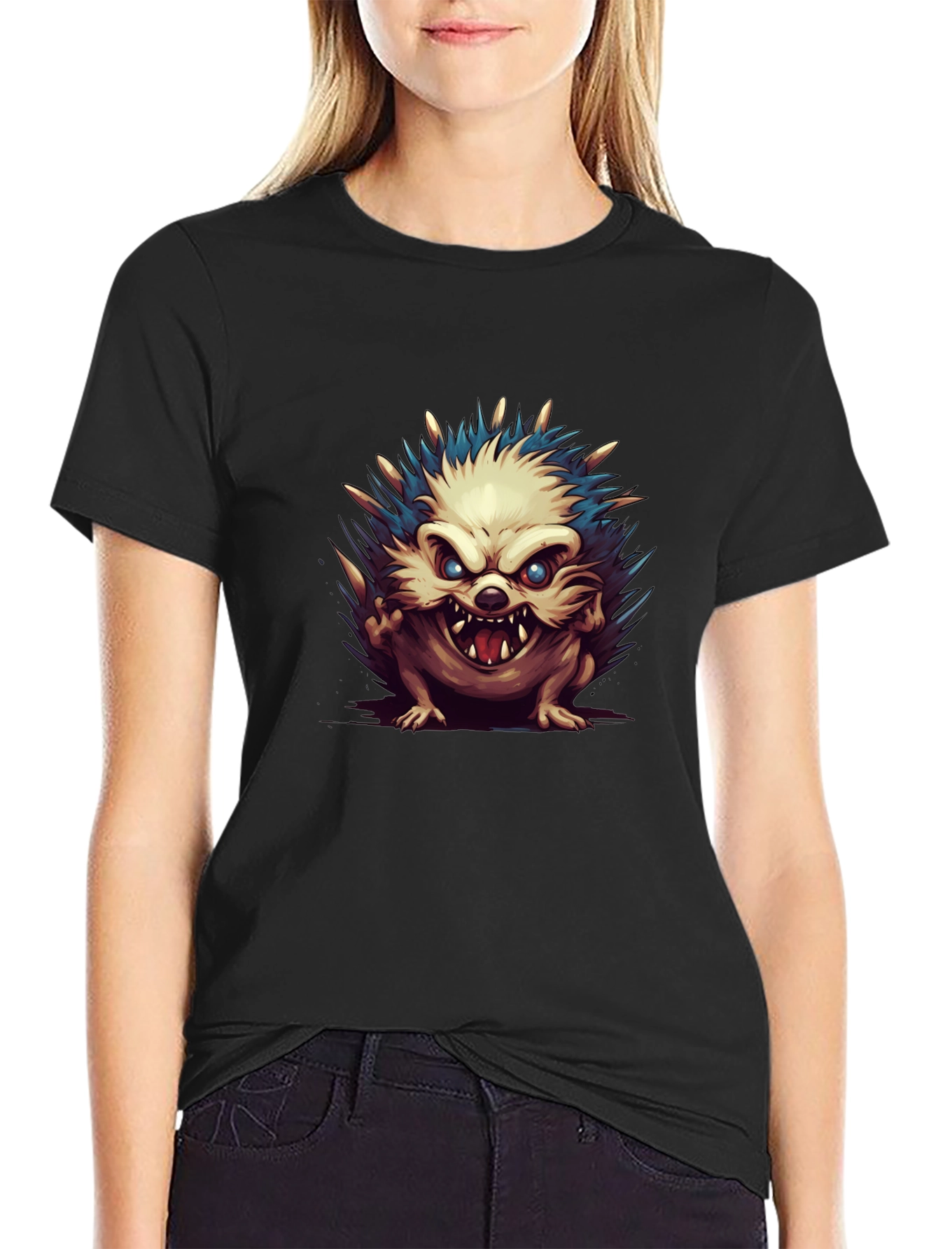 Mens Black T-Shirt with Hedgehog Graphic