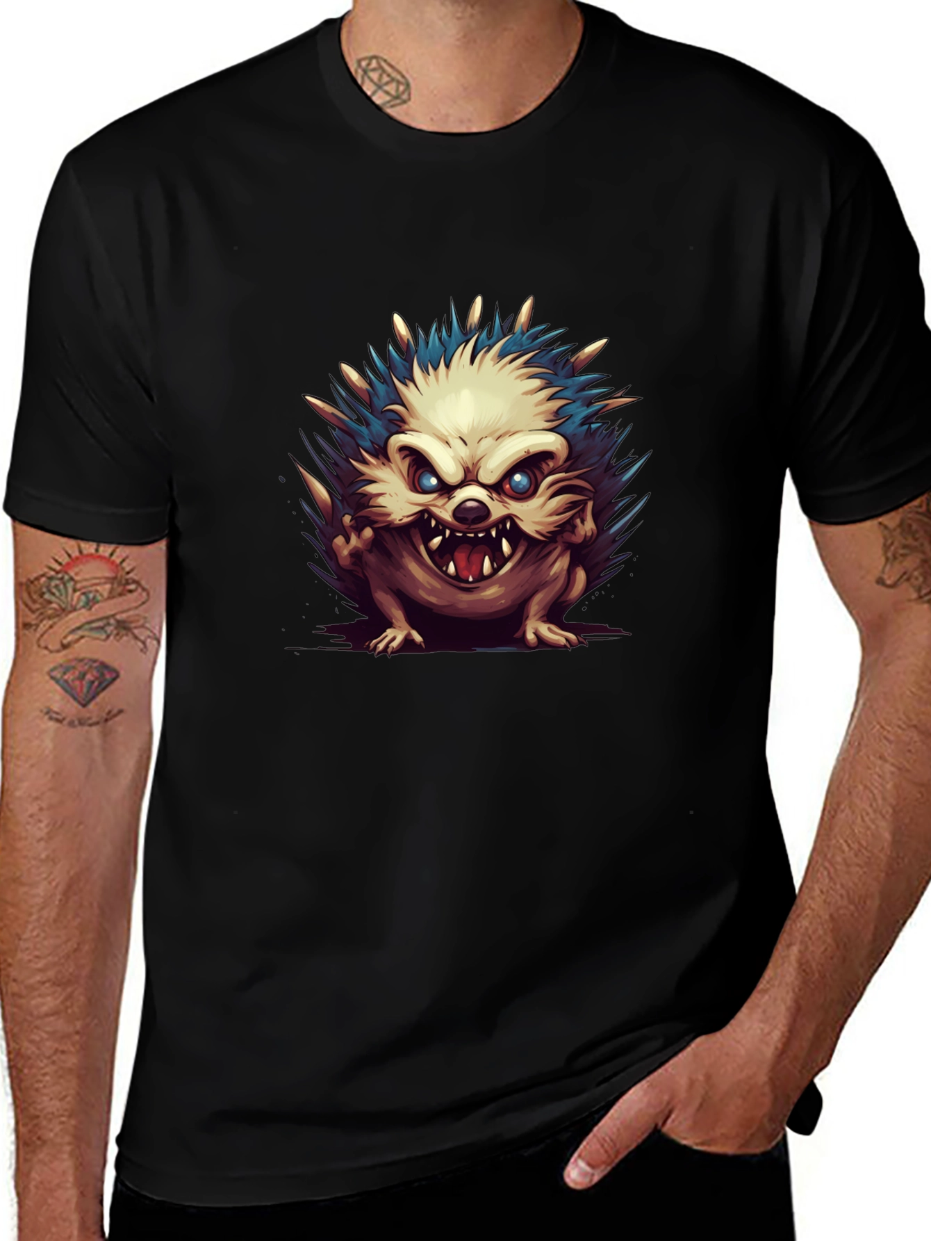 Mens Black T-Shirt with Hedgehog Graphic