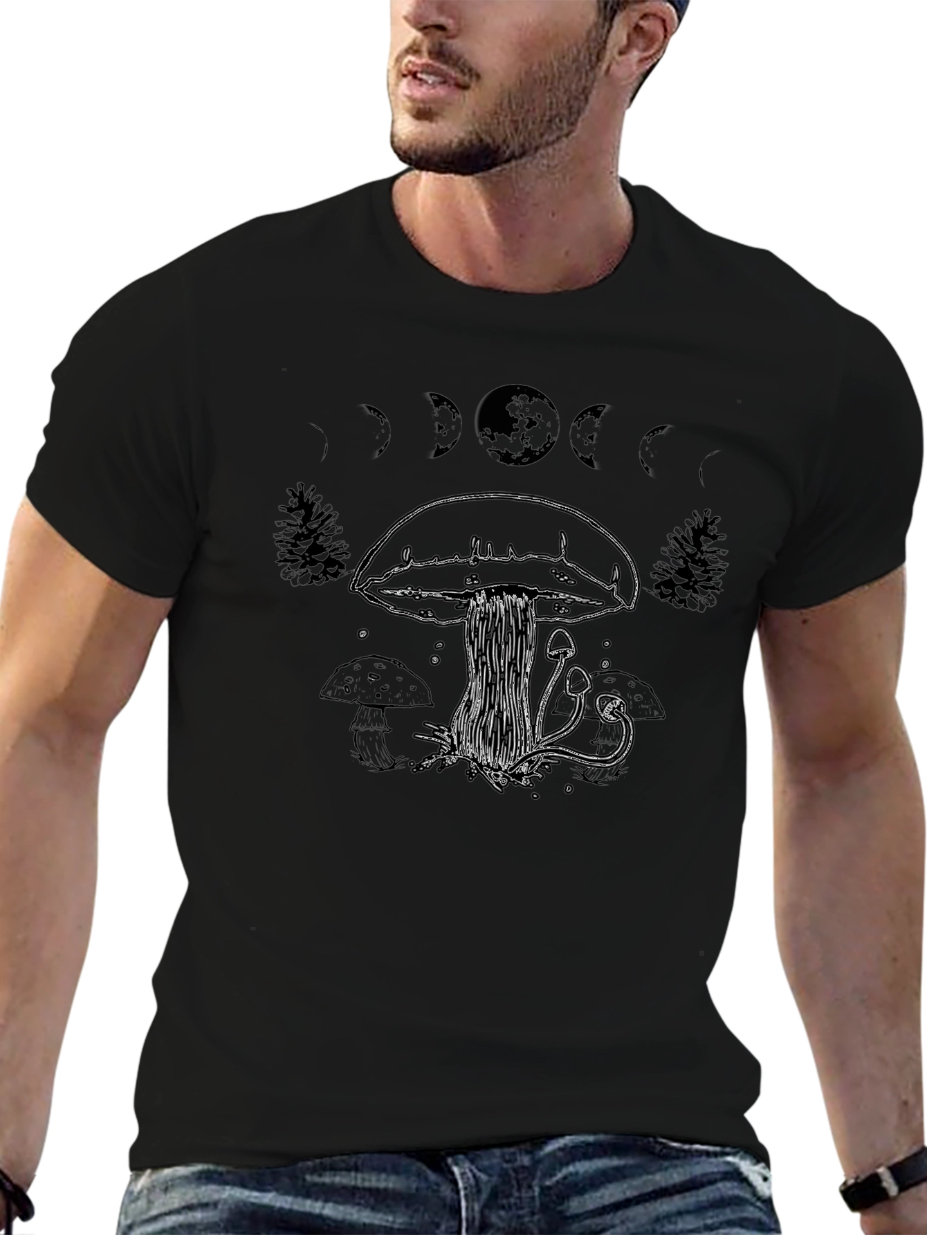 Mushroom Moon Phase T-Shirt - Black Cotton Tee