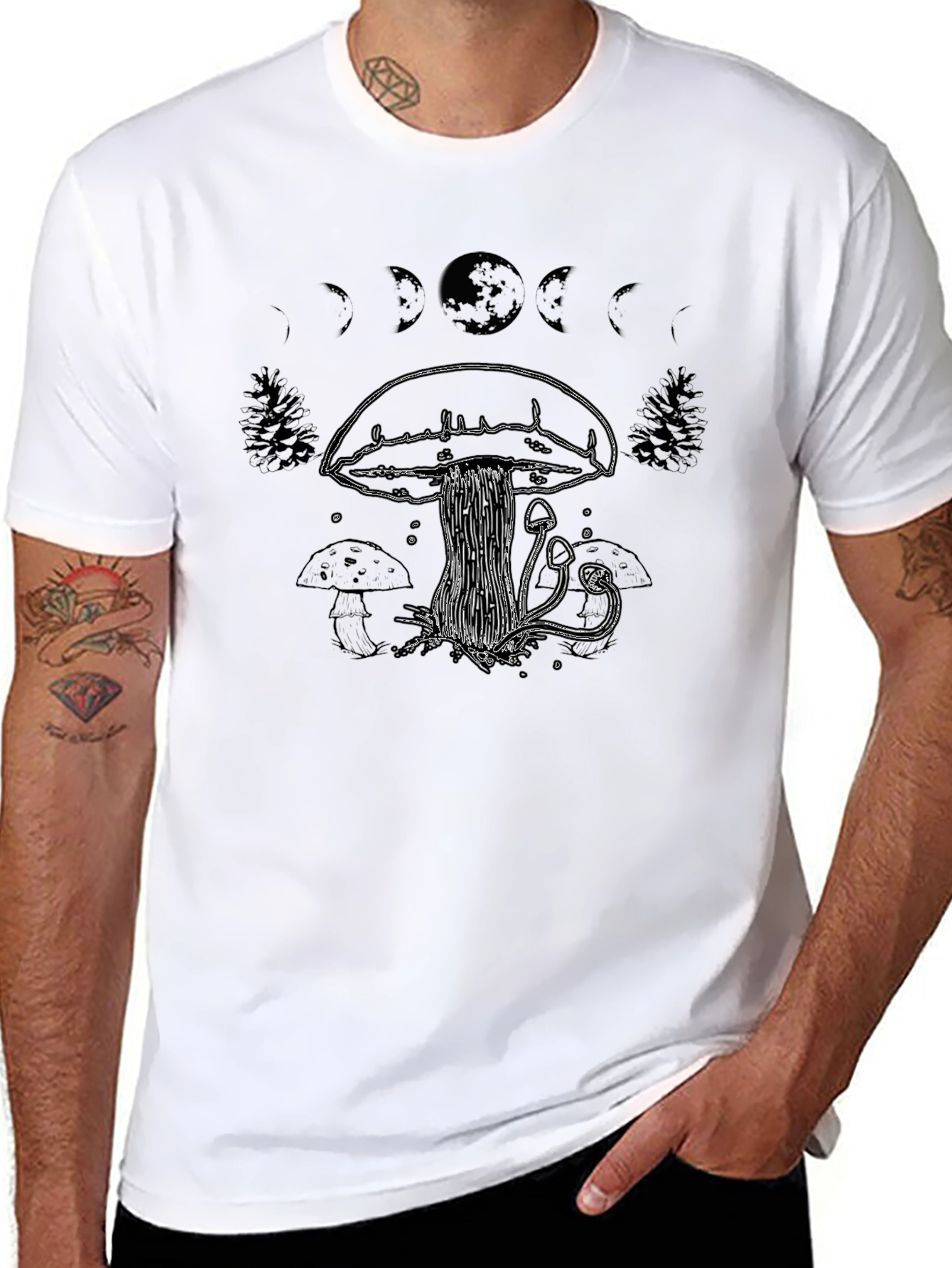 Mushroom Moon Phase T-Shirt - Black Cotton Tee