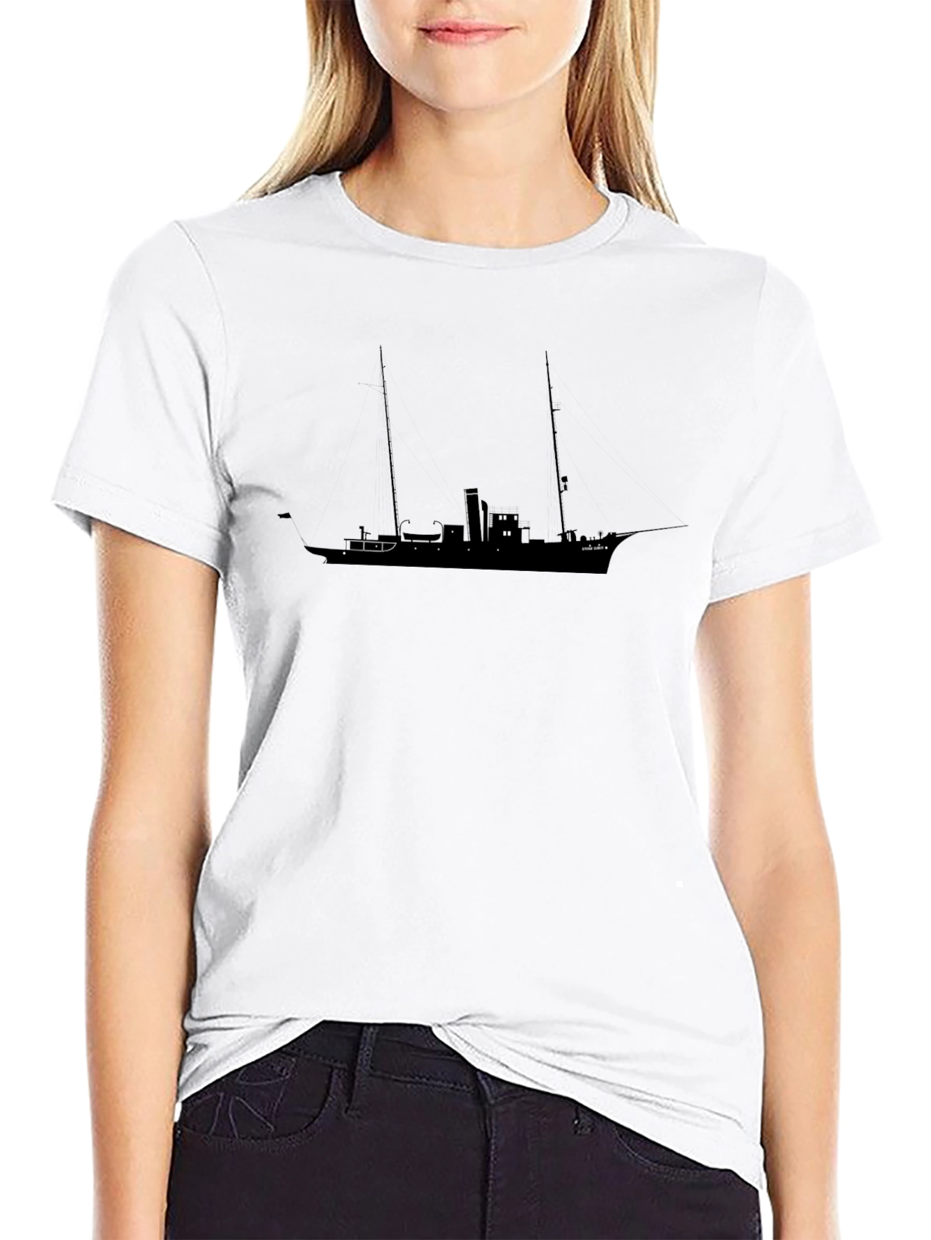 Black T-Shirt with Ship Silhouette Graphic